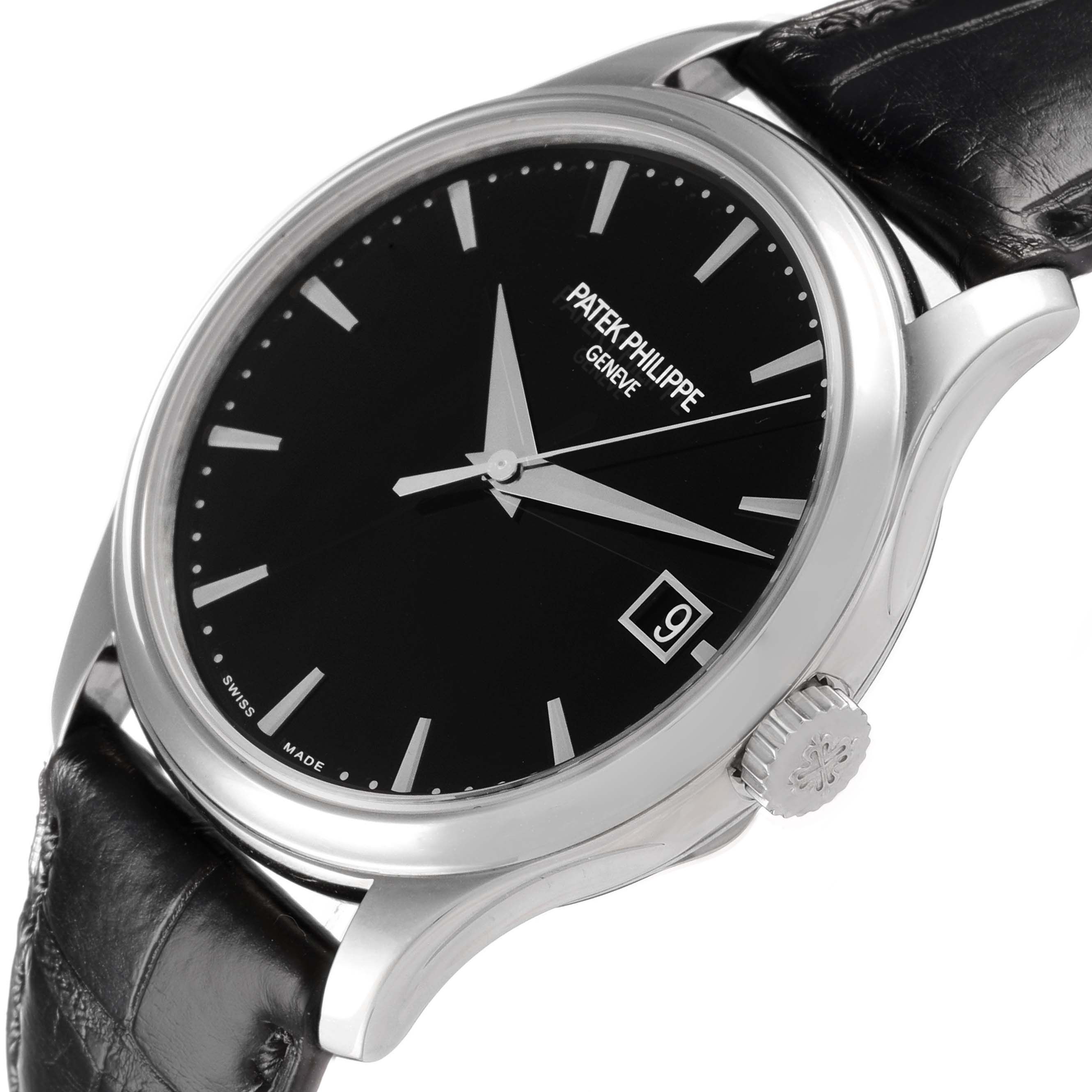 The Patek Philippe Calatrava 5227G Men
s White Gold Black Dial watch is shown at a slight angle, highlighting the dial, hands, date window, and crown.