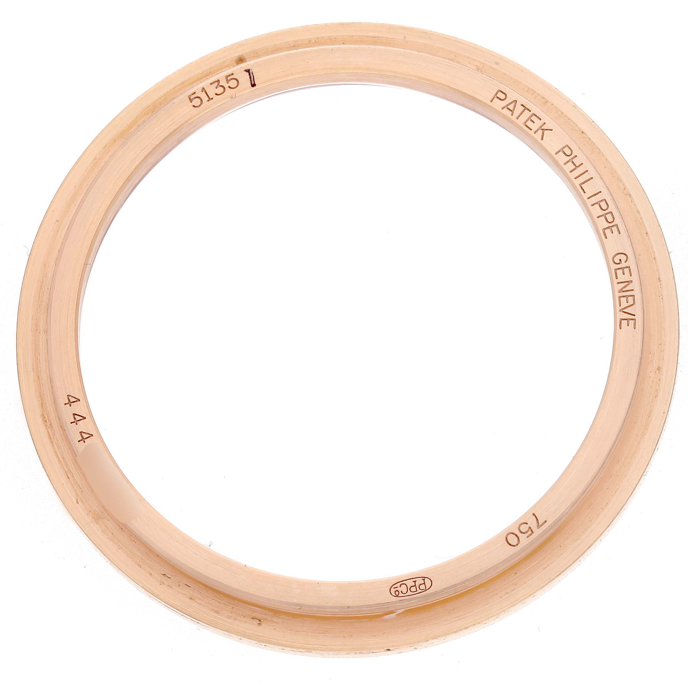 The image shows the bezel of a Patek Philippe Gondolo 5135R Men
s Rose Gold White Dial watch, viewed from above.