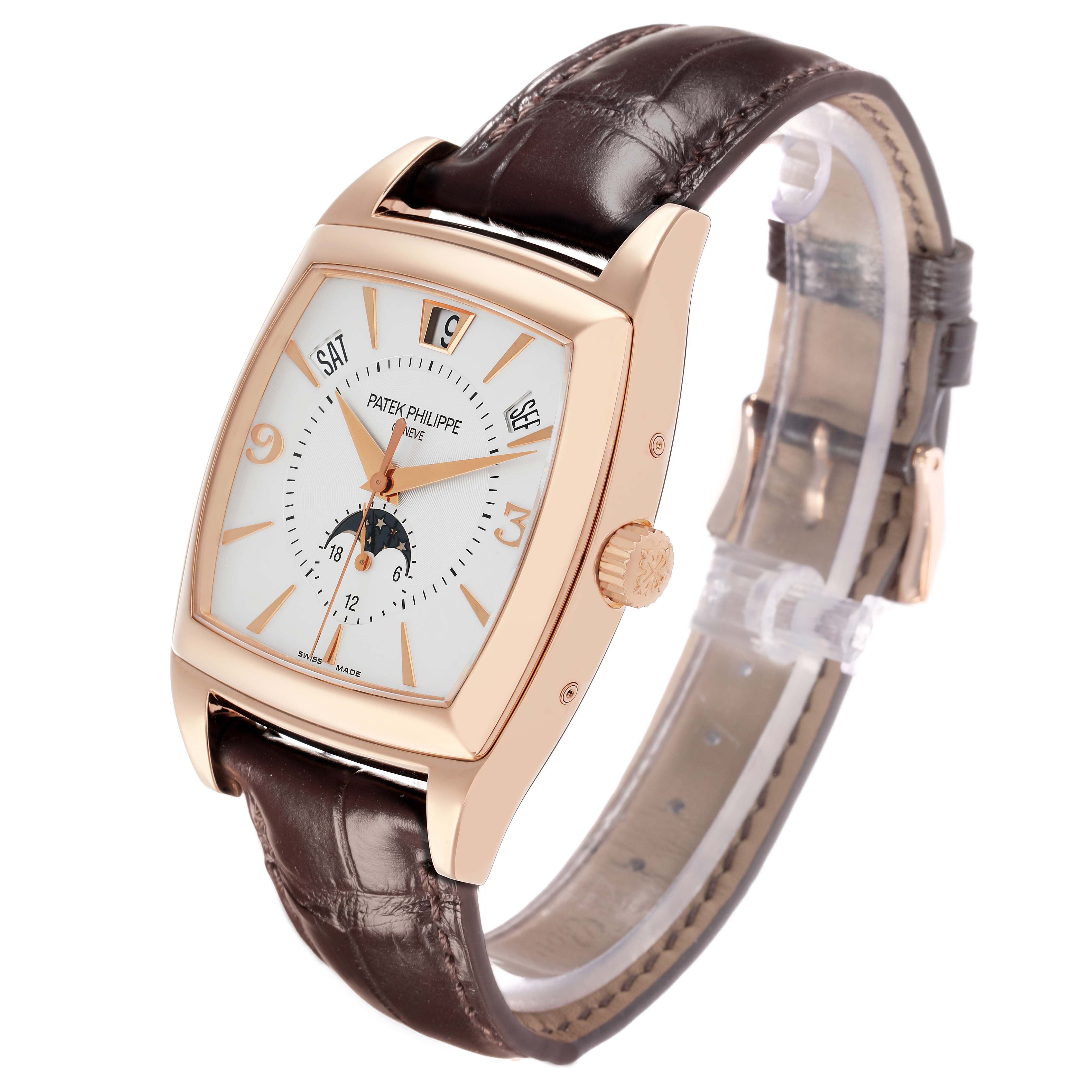 The Patek Philippe Gondolo 5135R Men
s Rose Gold White Dial watch is shown at a three-quarter angle, highlighting the face, crown, and brown leather strap.