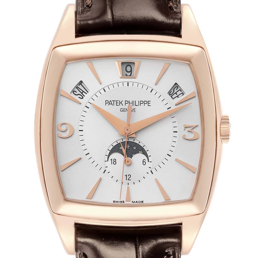 The image shows a front view of the Patek Philippe Gondolo 5135R Men's Rose Gold White Dial watch, highlighting the dial, hands, markers, and leather strap.