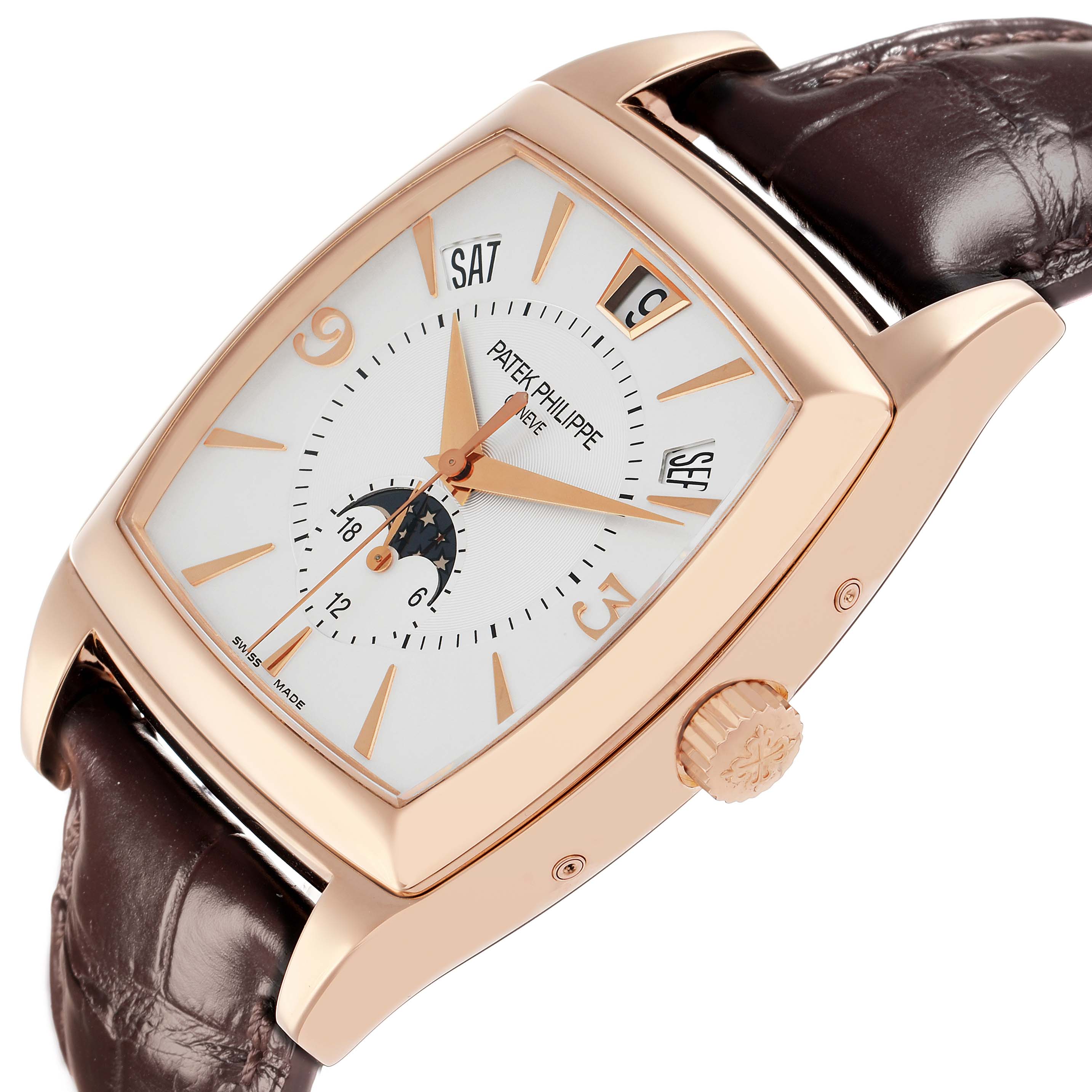 The Patek Philippe Gondolo 5135R Men
s Rose Gold White Dial watch is shown at a side angle, highlighting the dial, case, strap, and crown.