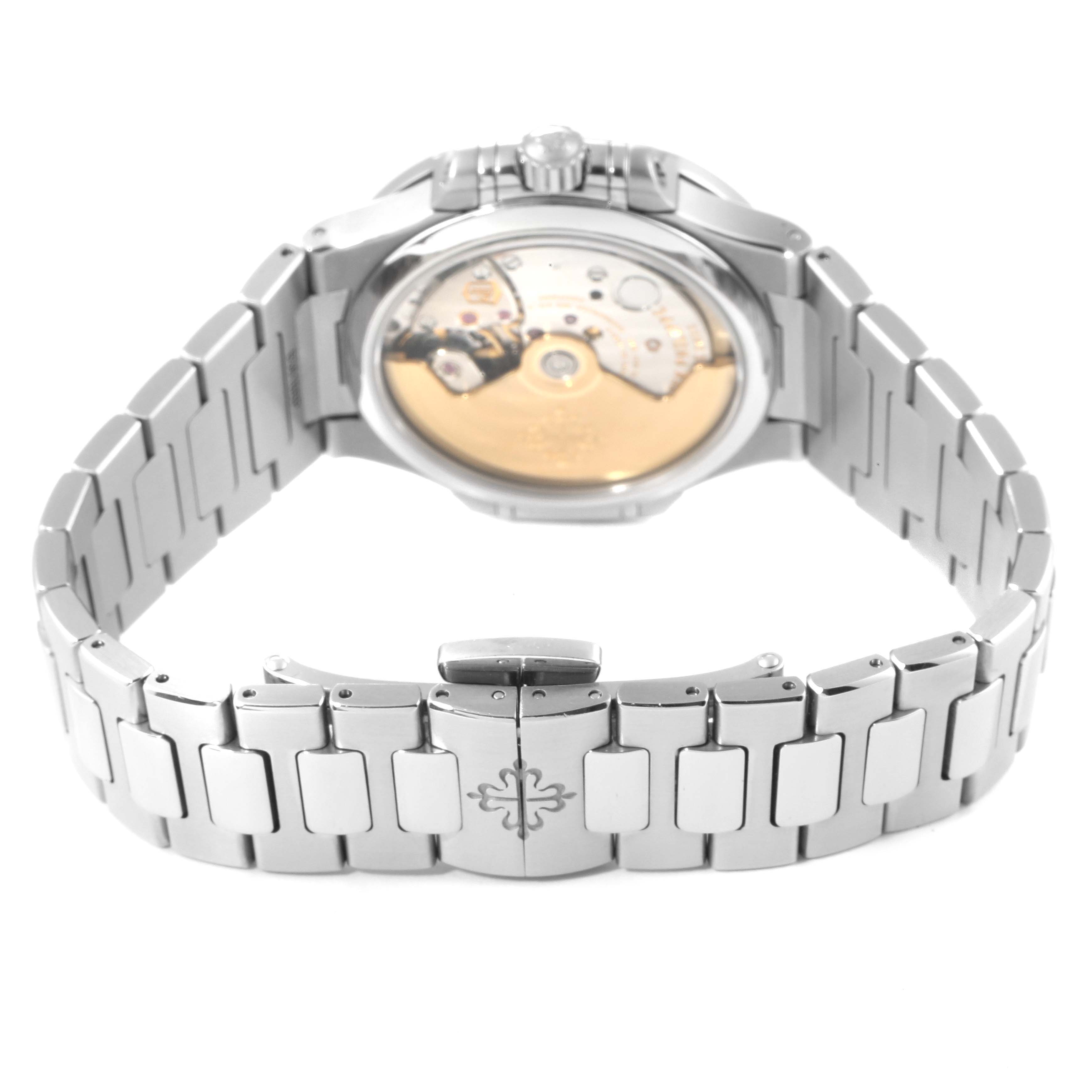 This image shows the back view of a Patek Philippe Nautilus 7018/1A-001 Women's Stainless Steel Silver Dial 7018/1A-001 Women's Stainless Steel Silver Dial watch, highlighting the case back and stainless steel bracelet.