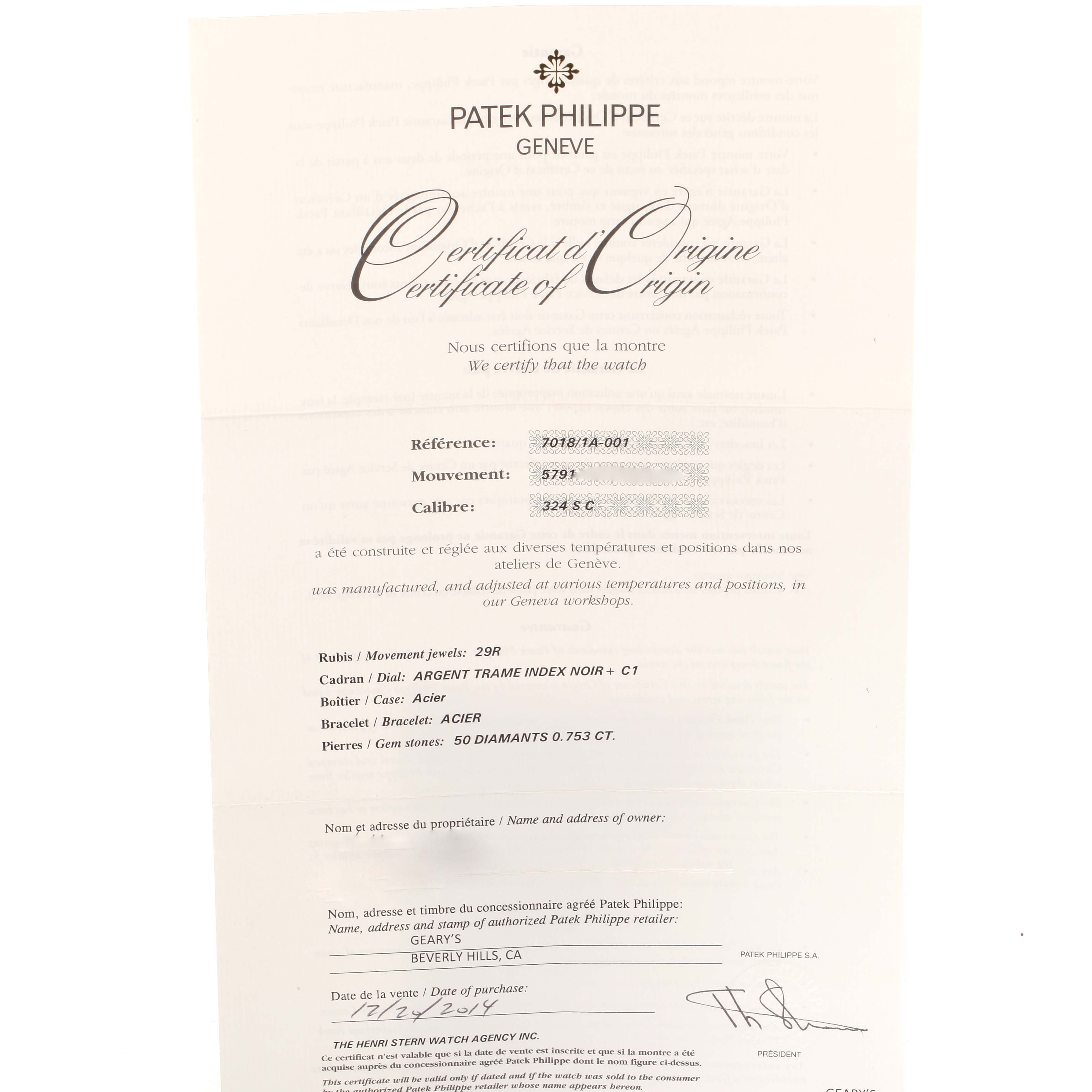 The image shows a Certificate of Origin for a Patek Philippe Nautilus 7018/1A-001 Women's Stainless Steel Silver Dial 7018/1A-001 Women's Stainless Steel Silver Dial model, listing details like reference number, movement, and materials.
