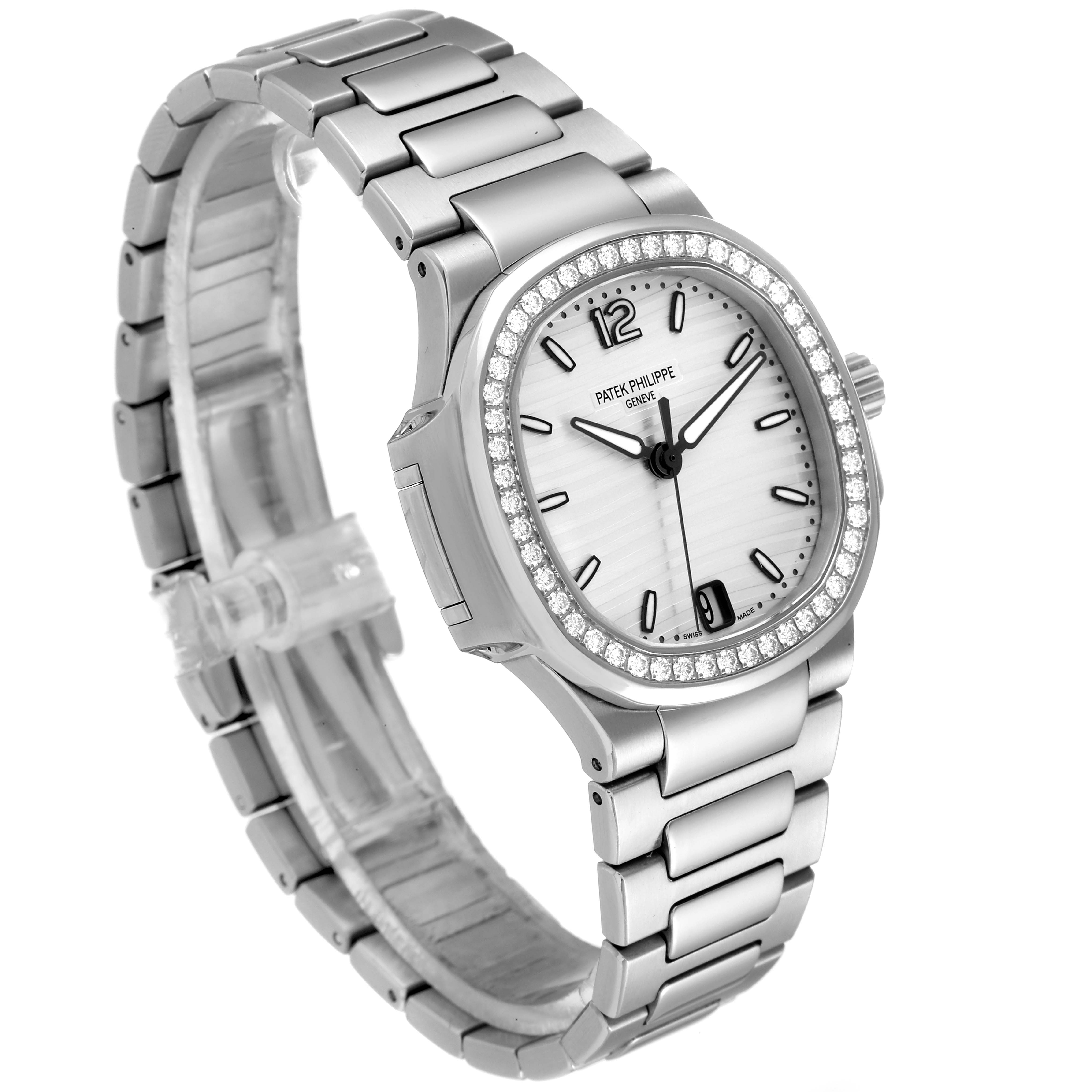 The image shows a Patek Philippe Nautilus 7018/1A-001 Women's Stainless Steel Silver Dial 7018/1A-001 Women's Stainless Steel Silver Dial watch from a three-quarter angle, highlighting the face, bezel, and bracelet.