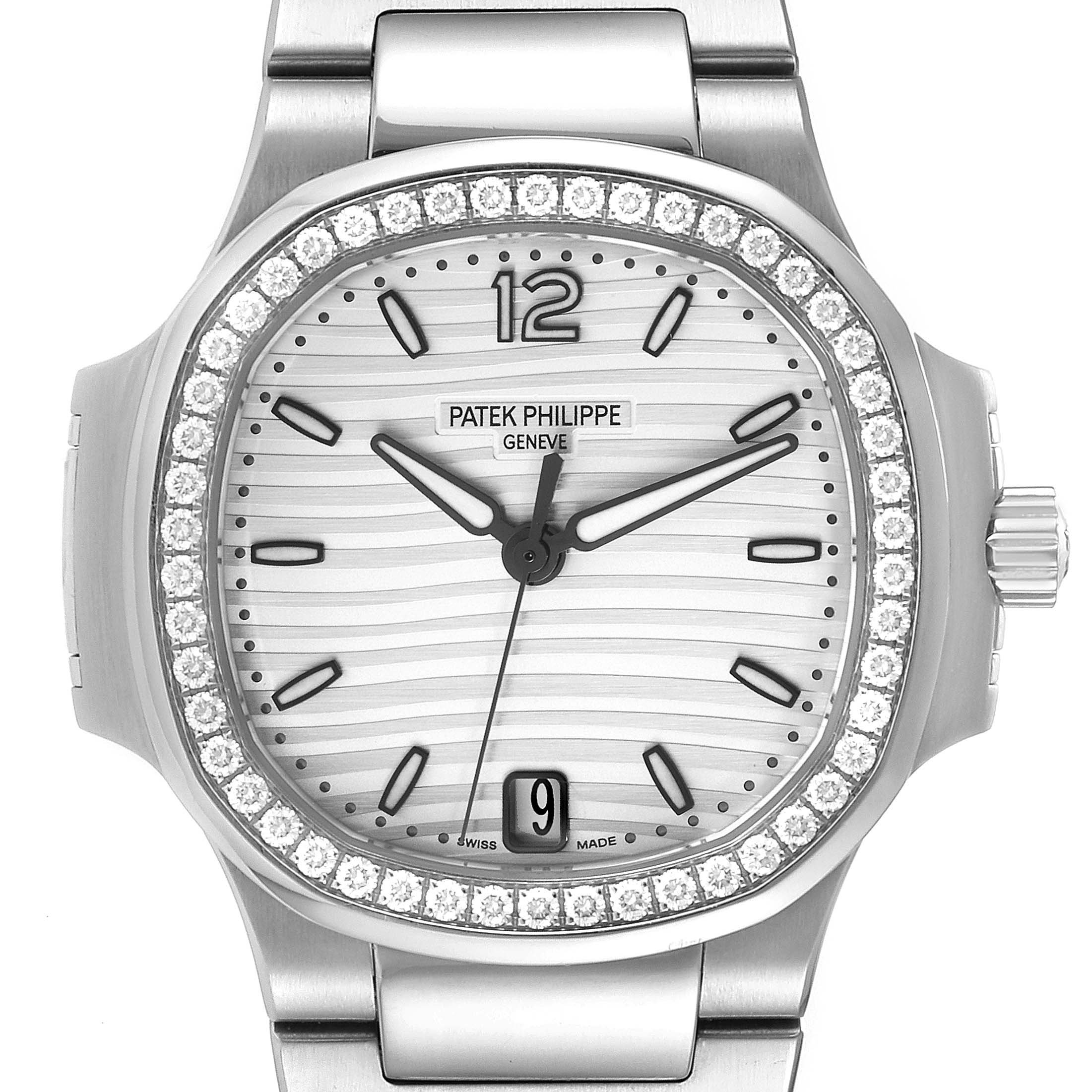 This image displays a front view of the Patek Philippe Nautilus 7018/1A-001 Women's Stainless Steel Silver Dial 7018/1A-001 Women's Stainless Steel Silver Dial watch, showcasing its dial, bezel, and part of the bracelet.