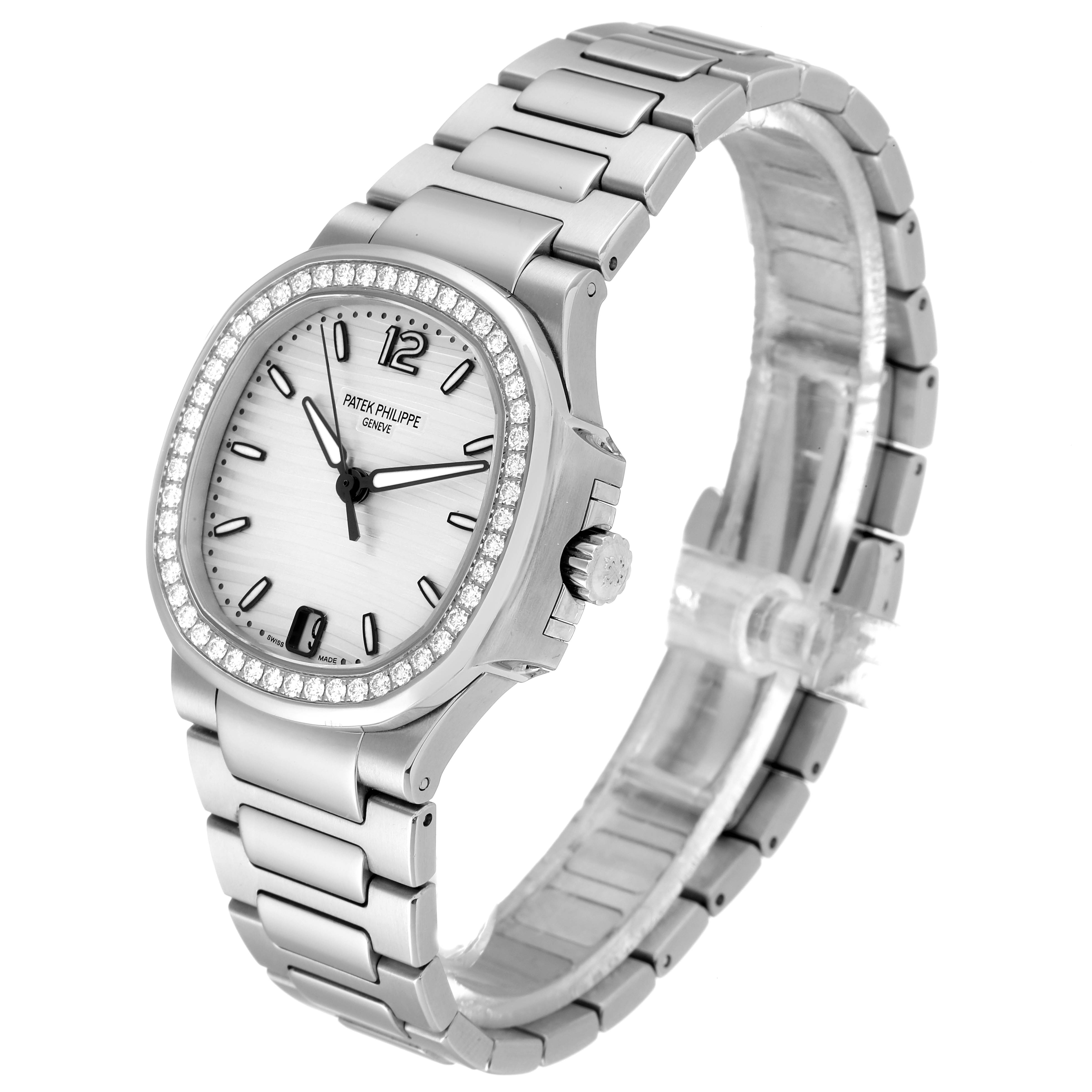 This image shows a Patek Philippe Nautilus 7018/1A-001 Women's Stainless Steel Silver Dial 7018/1A-001 Women's Stainless Steel Silver Dial watch at a three-quarter angle, displaying the face, bezel, strap, and crown.