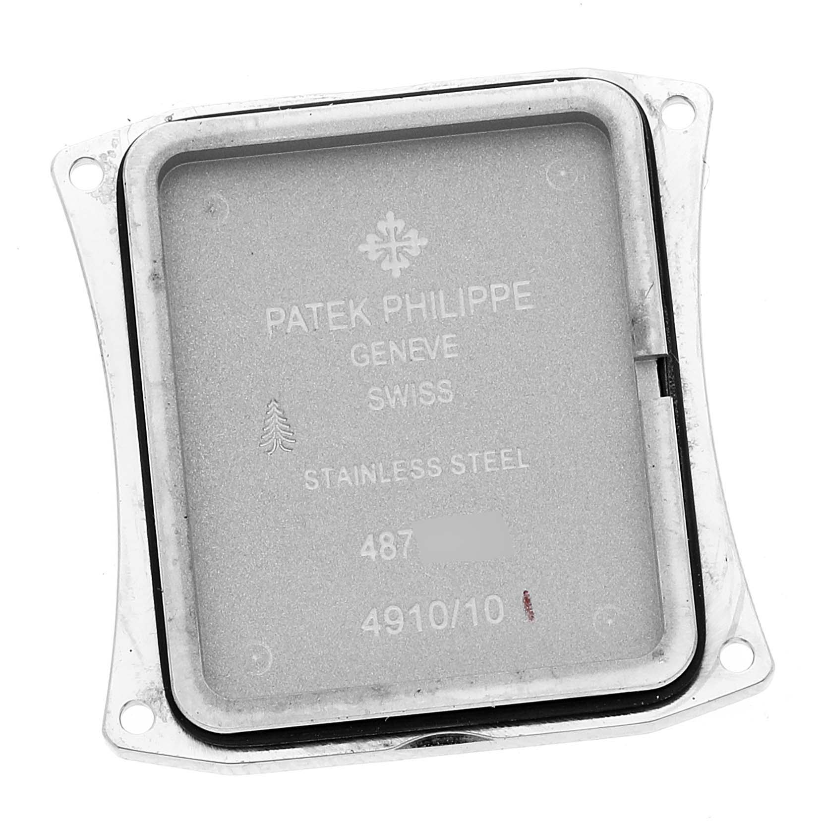 This image shows the case back of a Patek Philippe Twenty-4 4910-10A-012 Women's Stainless Steel Blue Dial 4910-10A-012 Women's Stainless Steel Blue Dial watch viewed from the inside.