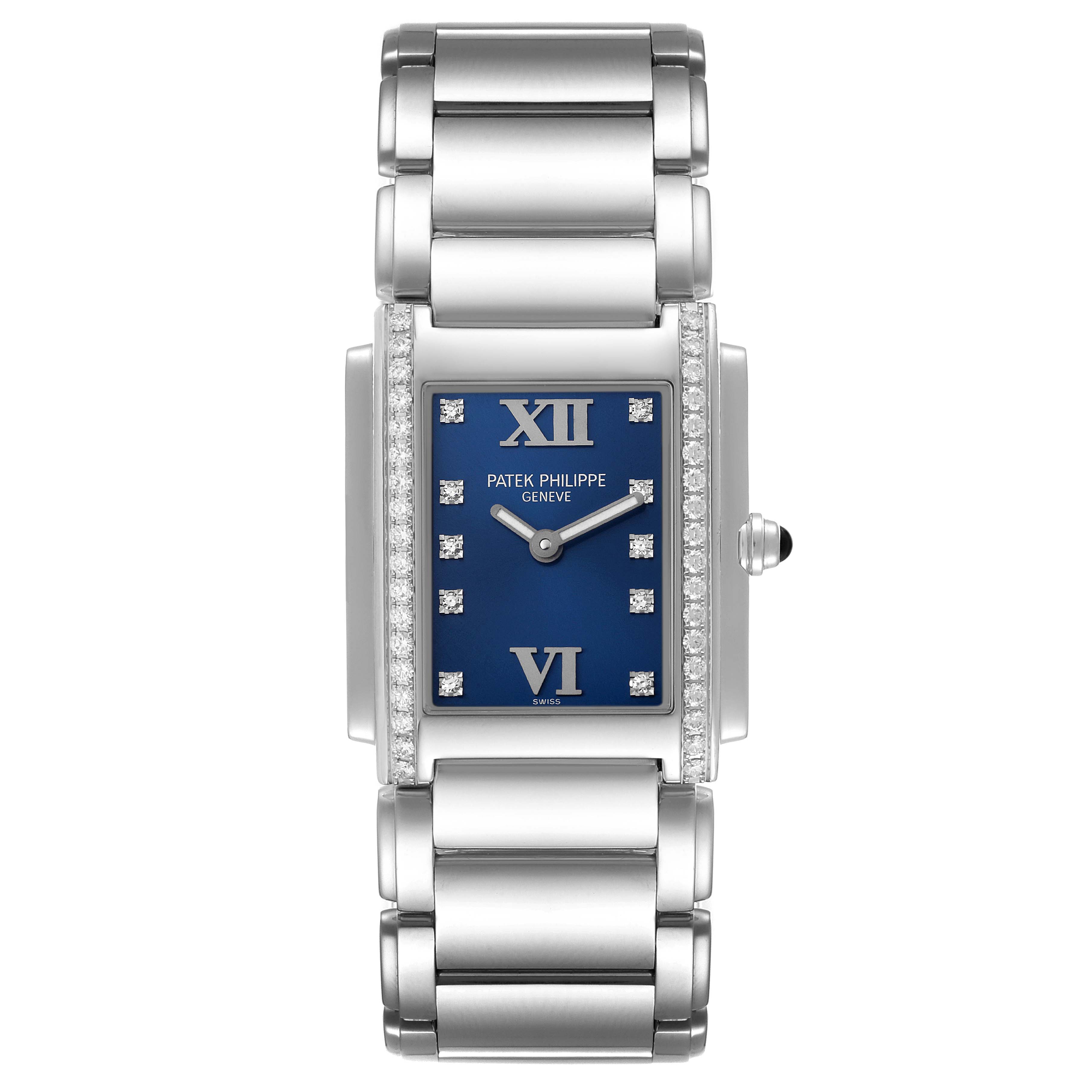 The image shows a frontal view of a Patek Philippe Twenty-4 4910-10A-012 Women's Stainless Steel Blue Dial 4910-10A-012 Women's Stainless Steel Blue Dial watch, highlighting the dial, case, and bracelet.