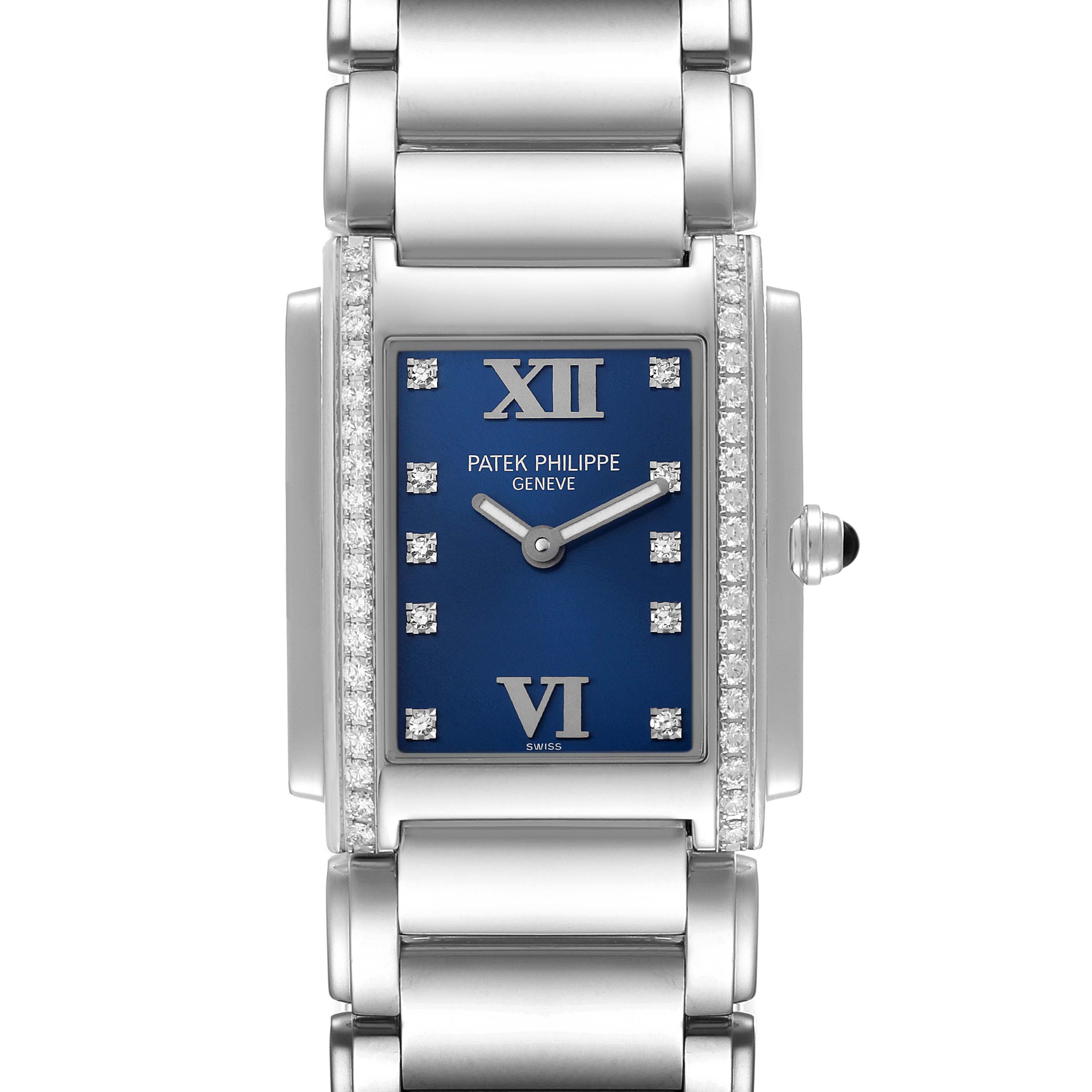 The image shows a front view of the Patek Philippe Twenty-4 4910-10A-012 Women's Stainless Steel Blue Dial 4910-10A-012 Women's Stainless Steel Blue Dial watch, featuring its blue dial and bracelet in detail.
