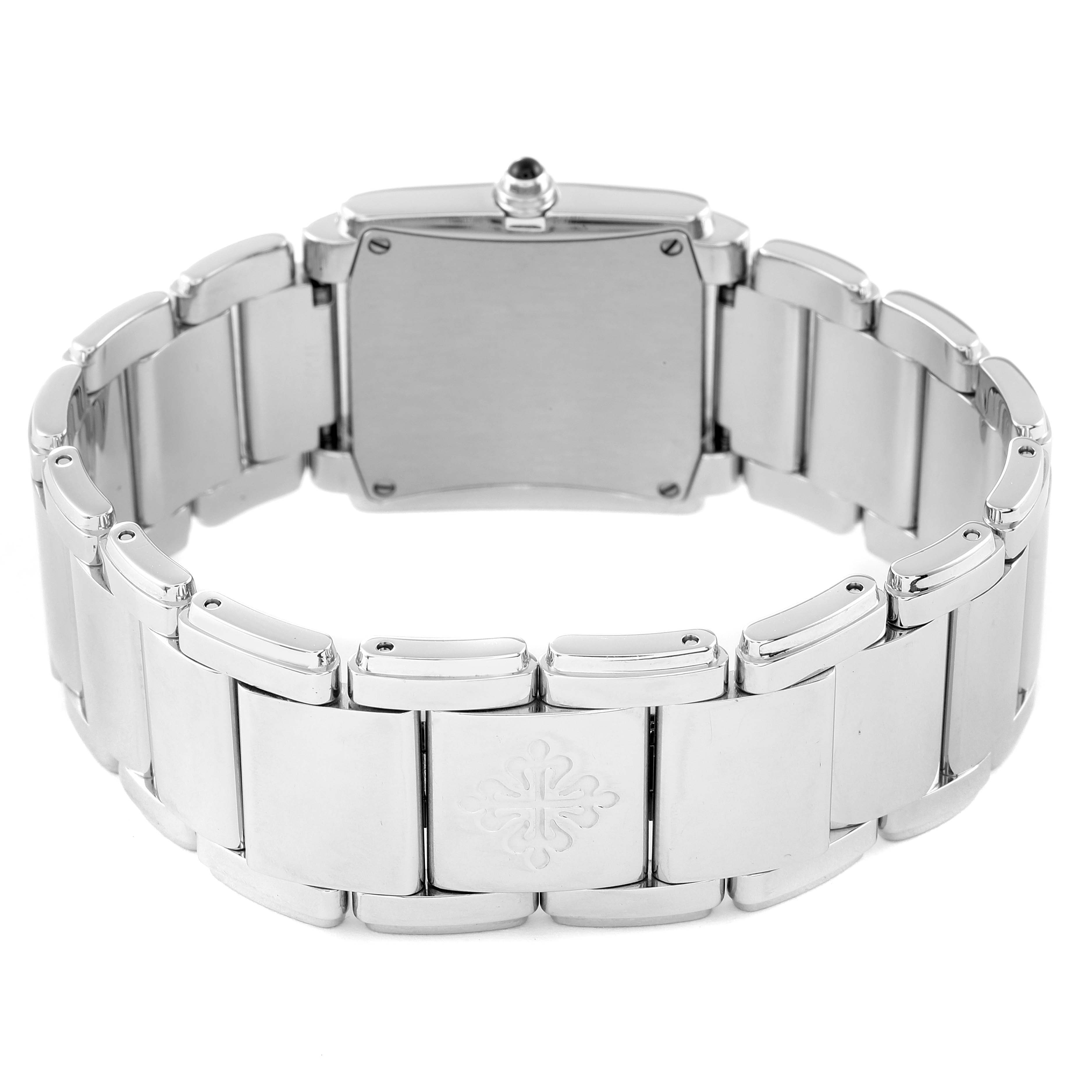 The image shows the back view of a Patek Philippe Twenty-4 4910-10A-012 Women's Stainless Steel Blue Dial 4910-10A-012 Women's Stainless Steel Blue Dial watch, focusing on the bracelet and case-back.