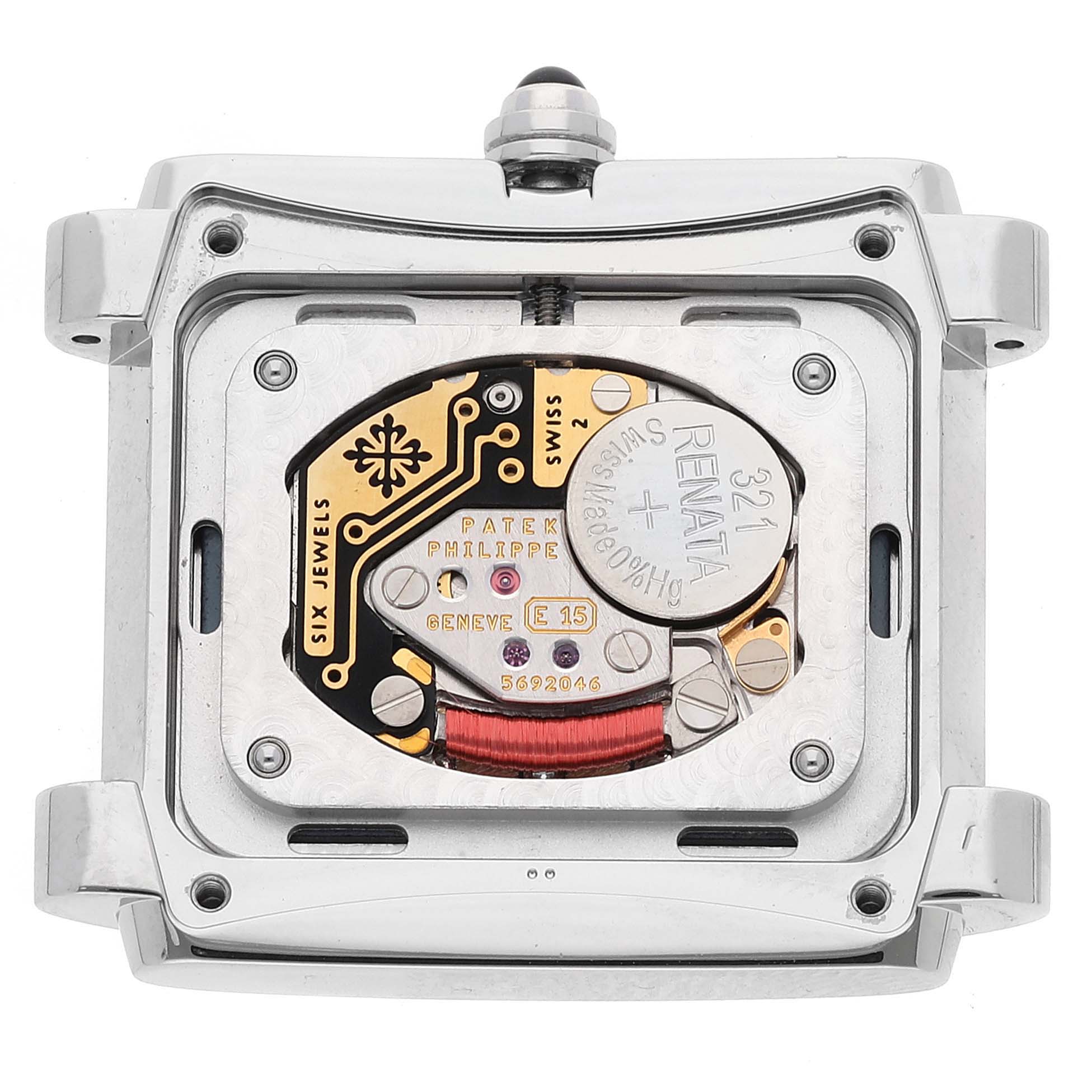 This image shows the back view of the Patek Philippe Twenty-4 4910-10A-012 Women
s Stainless Steel Blue Dial 4910-10A-012 Women
s Stainless Steel Blue Dial watch, highlighting its internal movement and components.