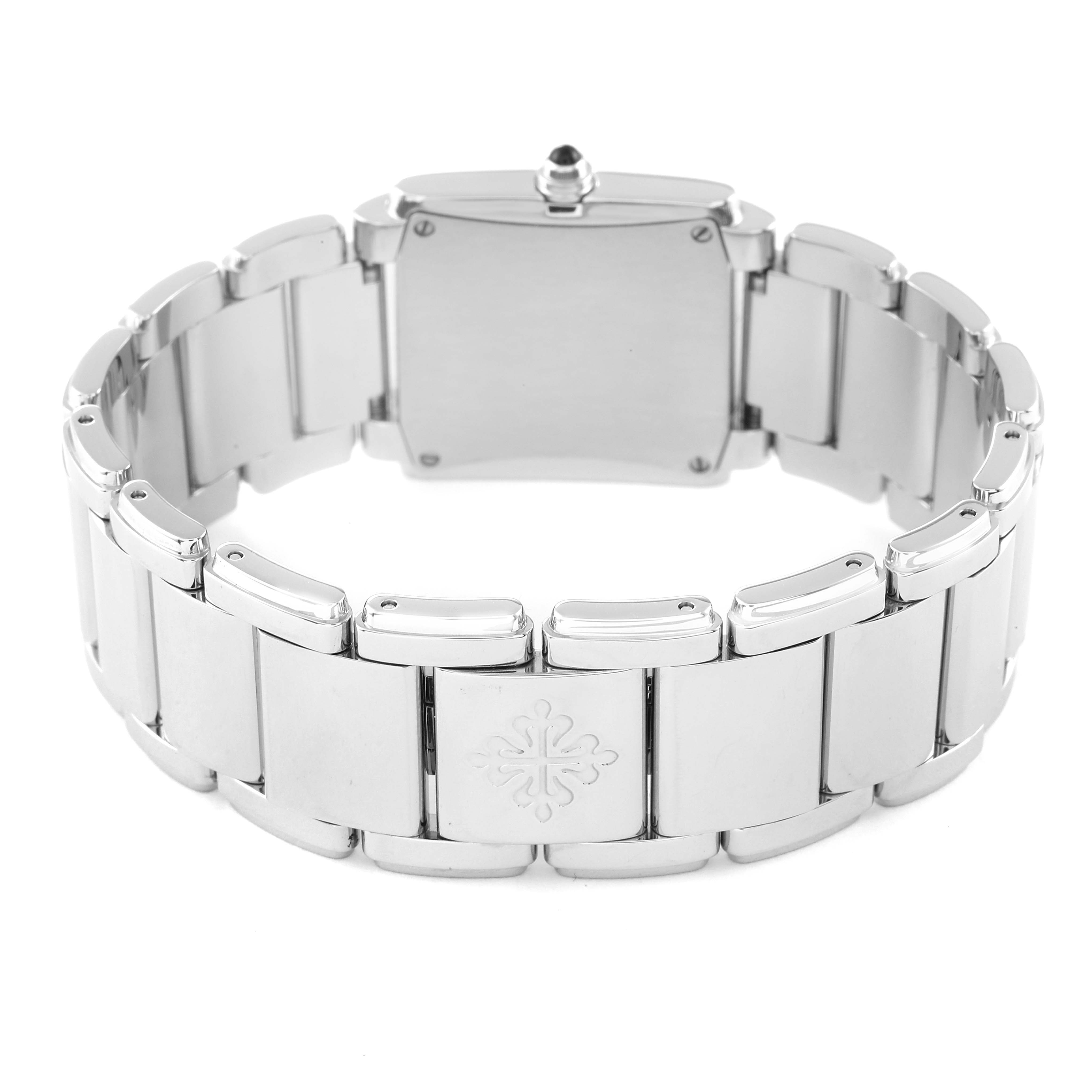 This image shows the back of a Patek Philippe Twenty-4 4910-10A-012 Women
s Stainless Steel Blue Dial 4910-10A-012 Women
s Stainless Steel Blue Dial watch, highlighting the bracelet and case back.