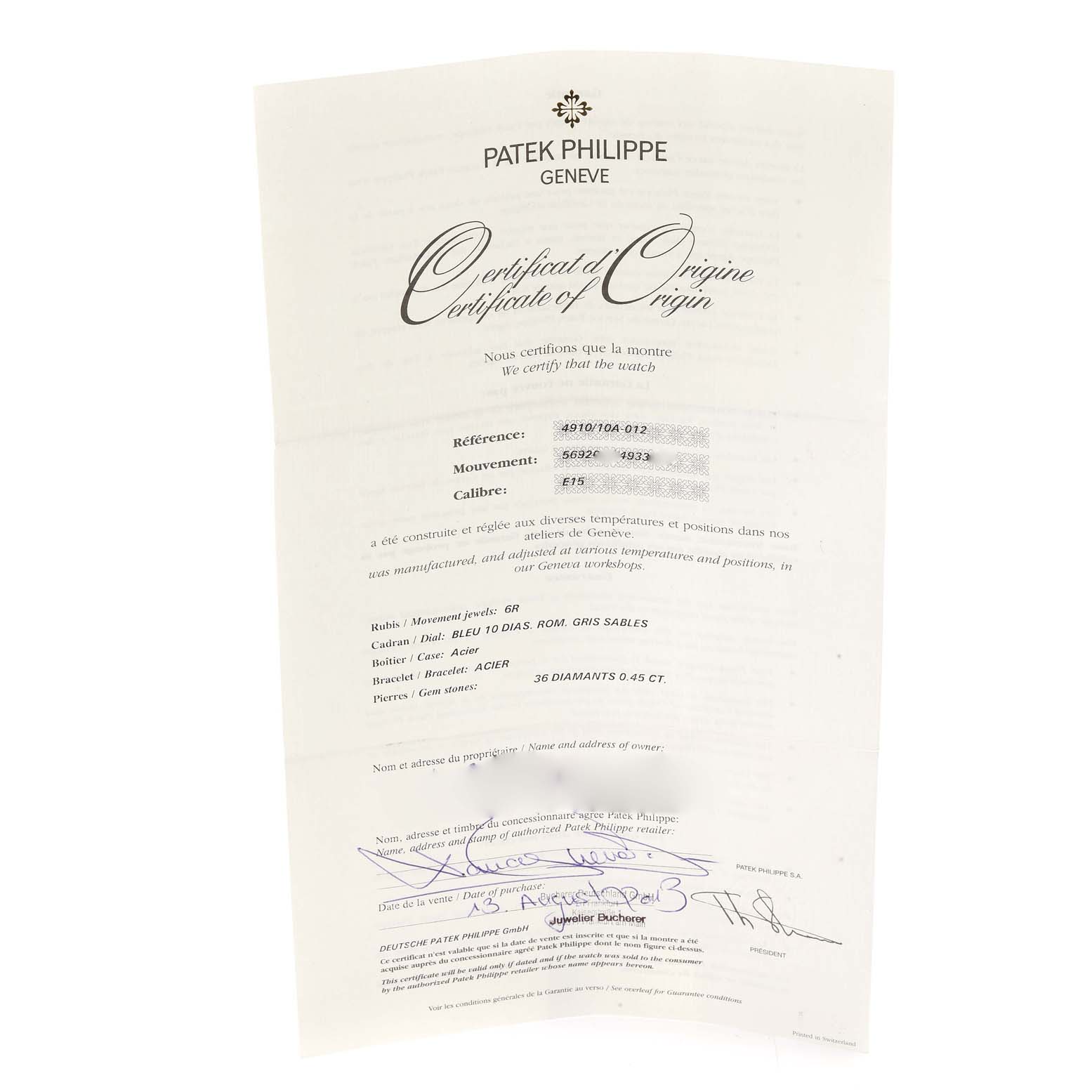 This image shows the Certificate of Origin for a Patek Philippe Twenty-4 4910-10A-012 Women
s Stainless Steel Blue Dial 4910-10A-012 Women
s Stainless Steel Blue Dial model watch.