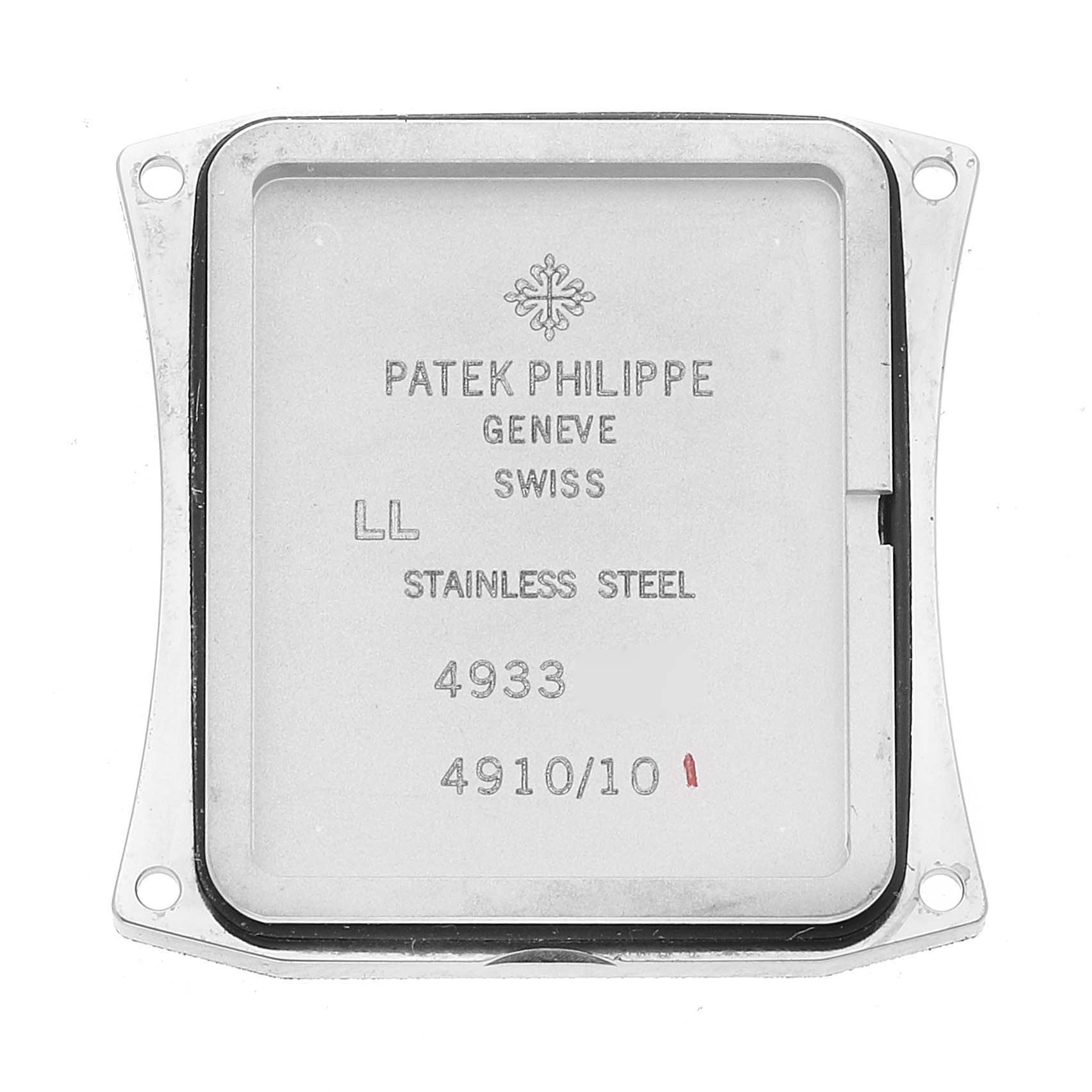 The image shows the back casing of a Patek Philippe Twenty-4 4910-10A-012 Women
s Stainless Steel Blue Dial 4910-10A-012 Women
s Stainless Steel Blue Dial model watch, specifically displaying its engravings and stainless steel material.