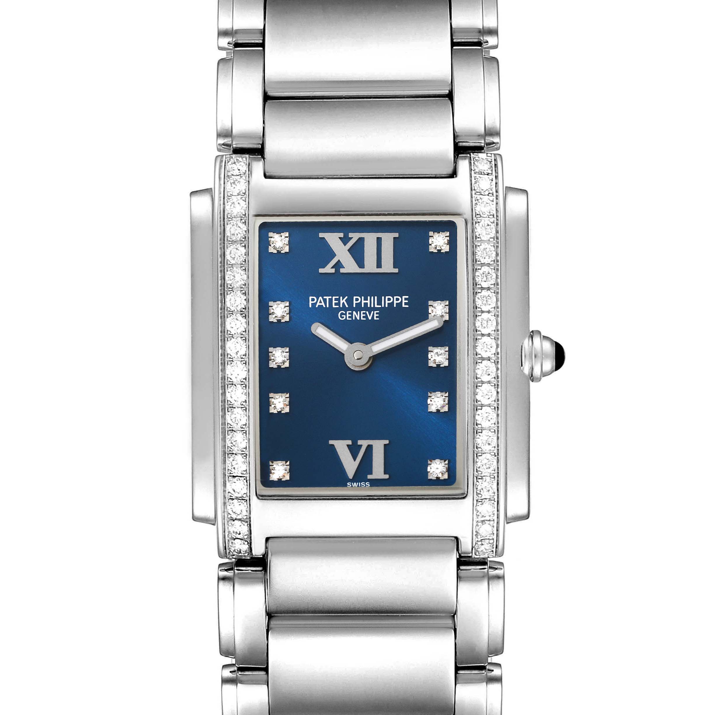 This image showcases the front view of the dial and bracelet of the Patek Philippe Twenty-4 4910-10A-012 Women
s Stainless Steel Blue Dial 4910-10A-012 Women
s Stainless Steel Blue Dial watch.