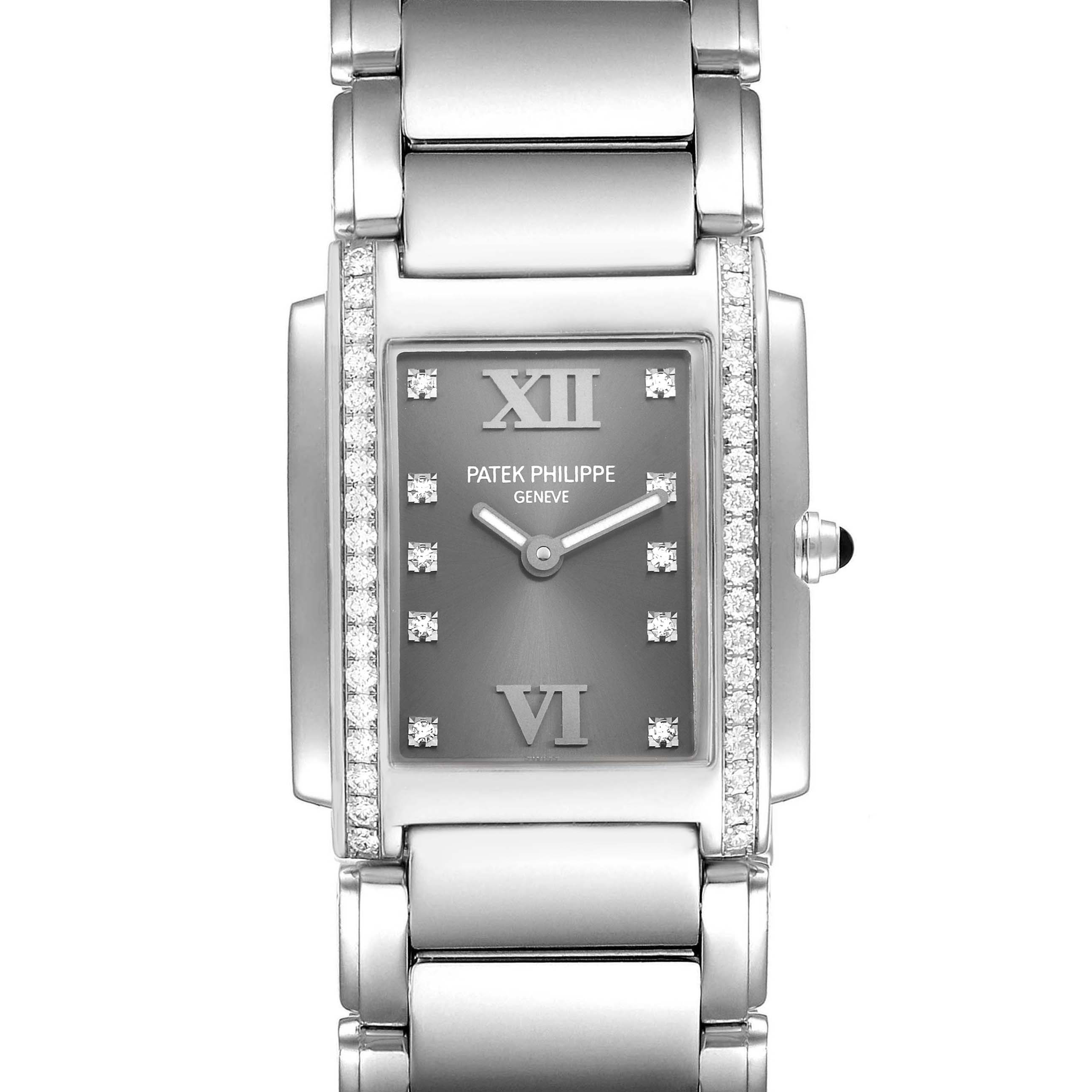 The image shows a front view of the Patek Philippe Twenty-4 4910/10A-010 Women
s Stainless Steel Grey Dial 4910/10A-010 Women
s Stainless Steel Grey Dial watch, displaying its face, case, and part of the bracelet.