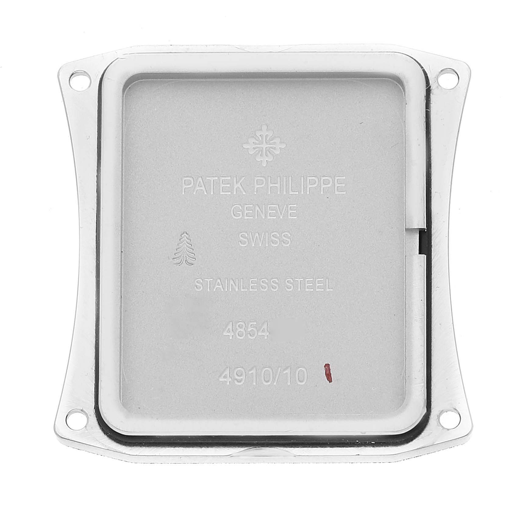 This image shows the backplate of a Patek Philippe Twenty-4 4910/10A-010 Women
s Stainless Steel Grey Dial 4910/10A-010 Women
s Stainless Steel Grey Dial model watch in stainless steel.