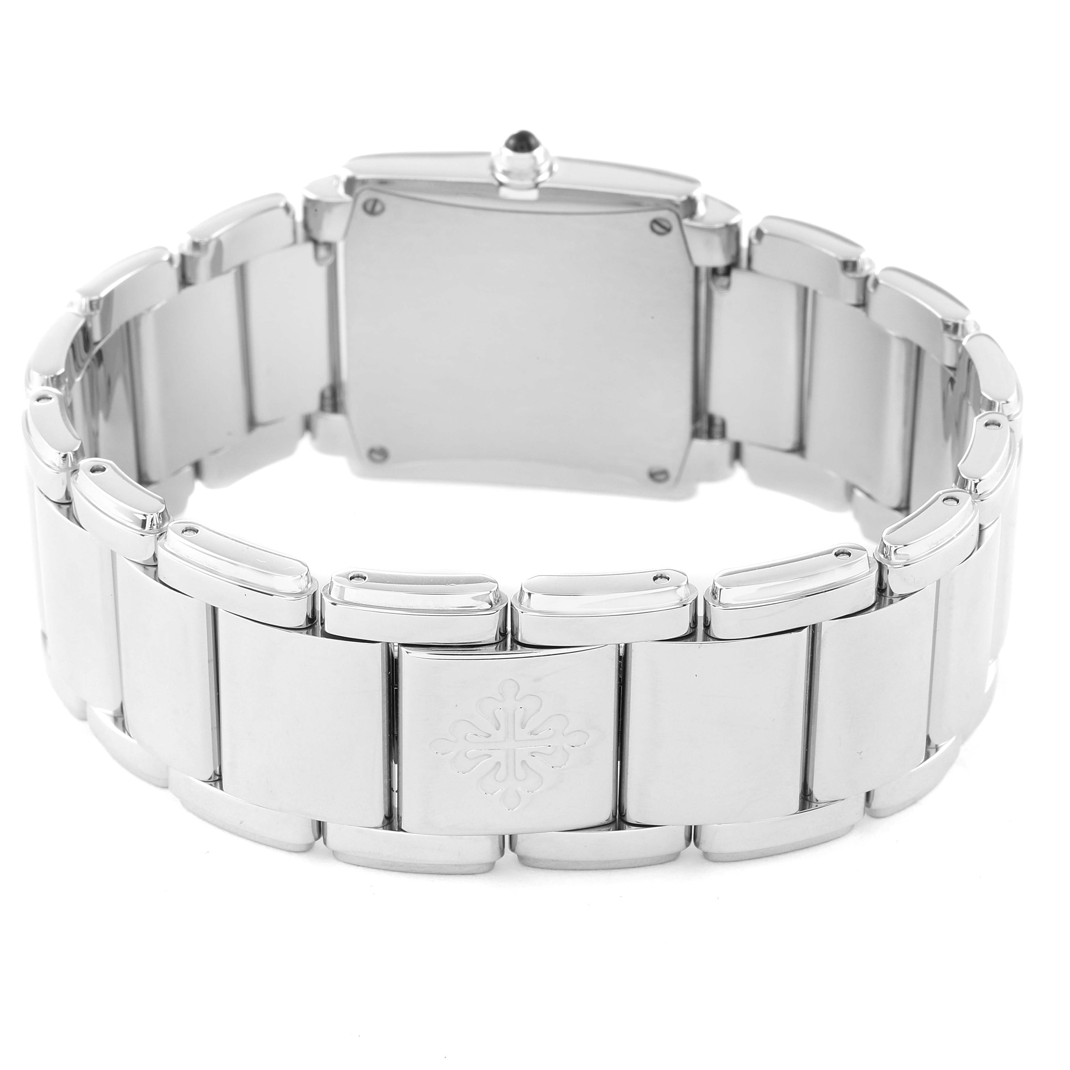 This image shows the back and band of a Patek Philippe Twenty-4 4910/10A-010 Women
s Stainless Steel Grey Dial 4910/10A-010 Women
s Stainless Steel Grey Dial watch at a rear angle.