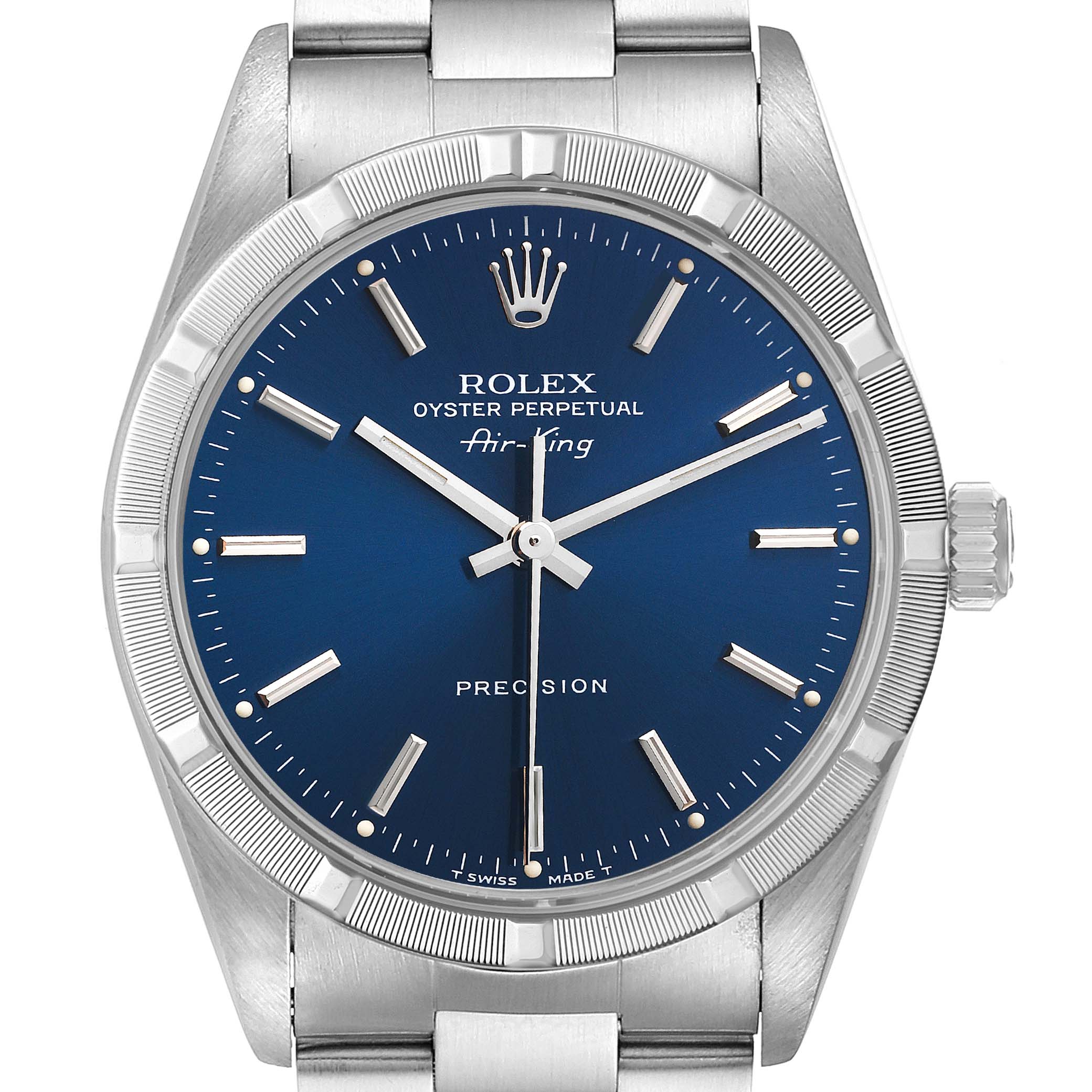 This is a front view of the Rolex Air-King 14010 Men's Stainless Steel Blue Dial 14010 Men's Stainless Steel Blue Dial watch, showing the dial, bezel, crown, and a part of the bracelet.
