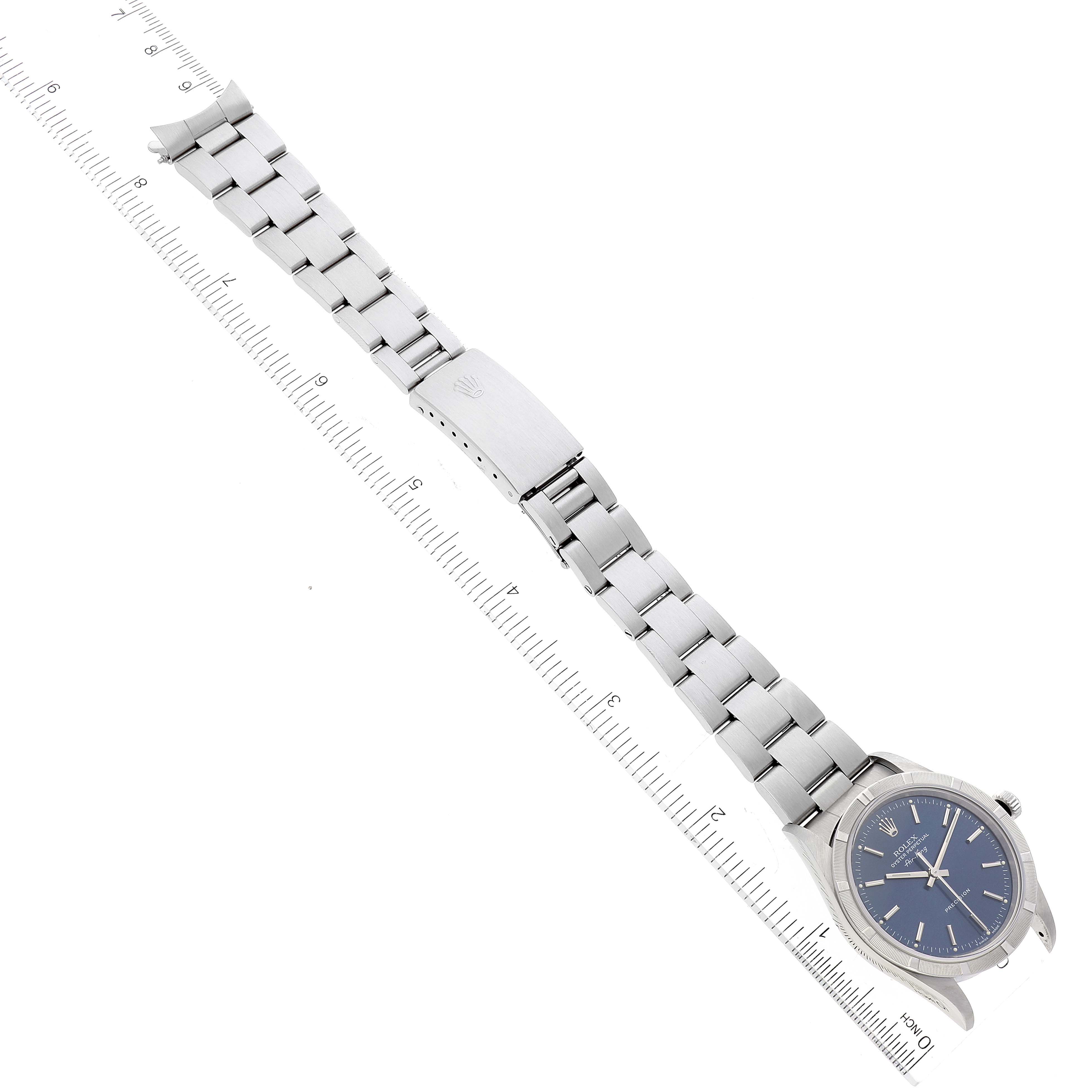 This image shows the Rolex Air-King 14010 Men's Stainless Steel Blue Dial 14010 Men's Stainless Steel Blue Dial watch laid flat, showcasing its full stainless steel bracelet and blue dial from an overhead angle.