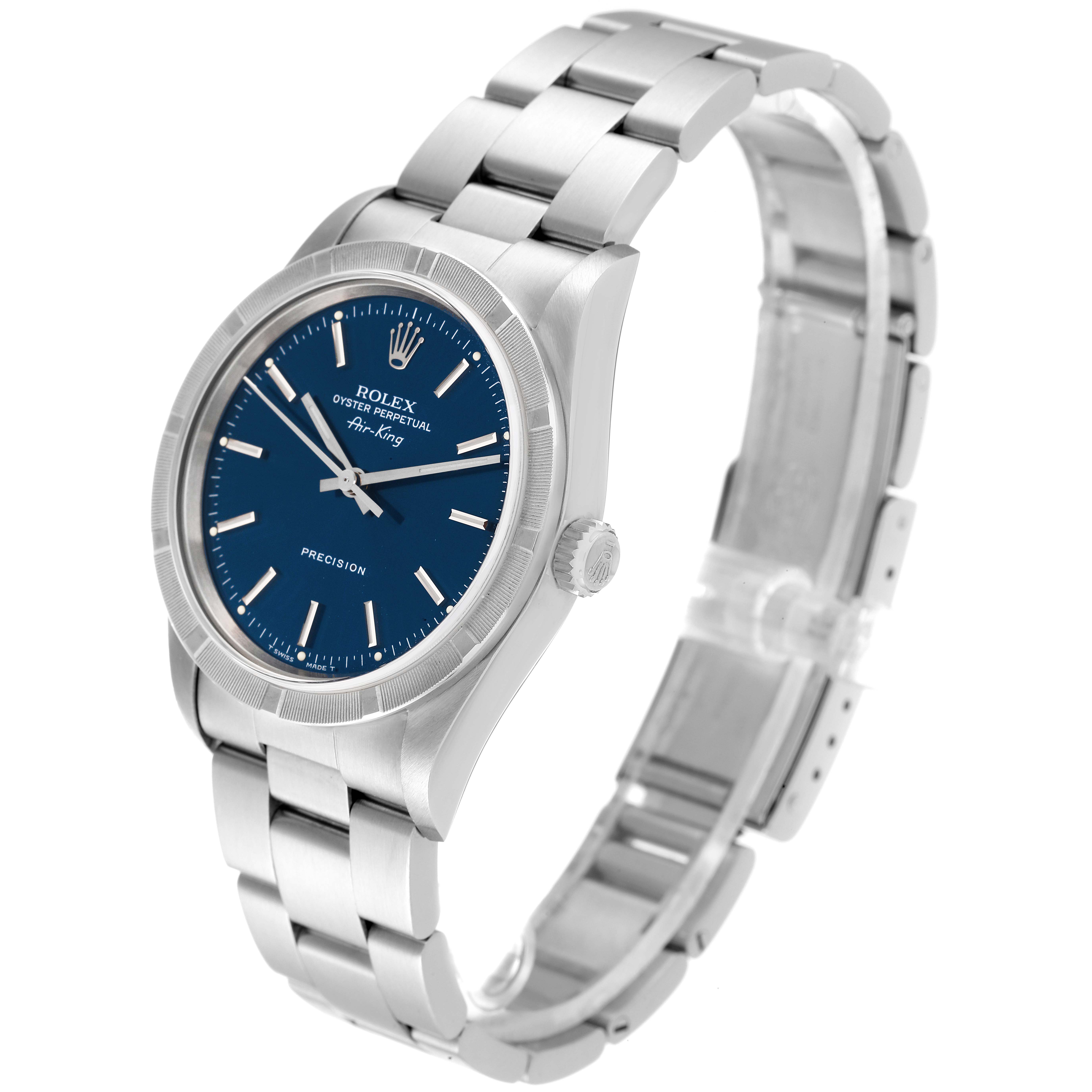 The image shows a Rolex Air-King 14010 Men's Stainless Steel Blue Dial 14010 Men's Stainless Steel Blue Dial watch at a three-quarter angle, highlighting its blue dial, stainless steel case, and bracelet band.