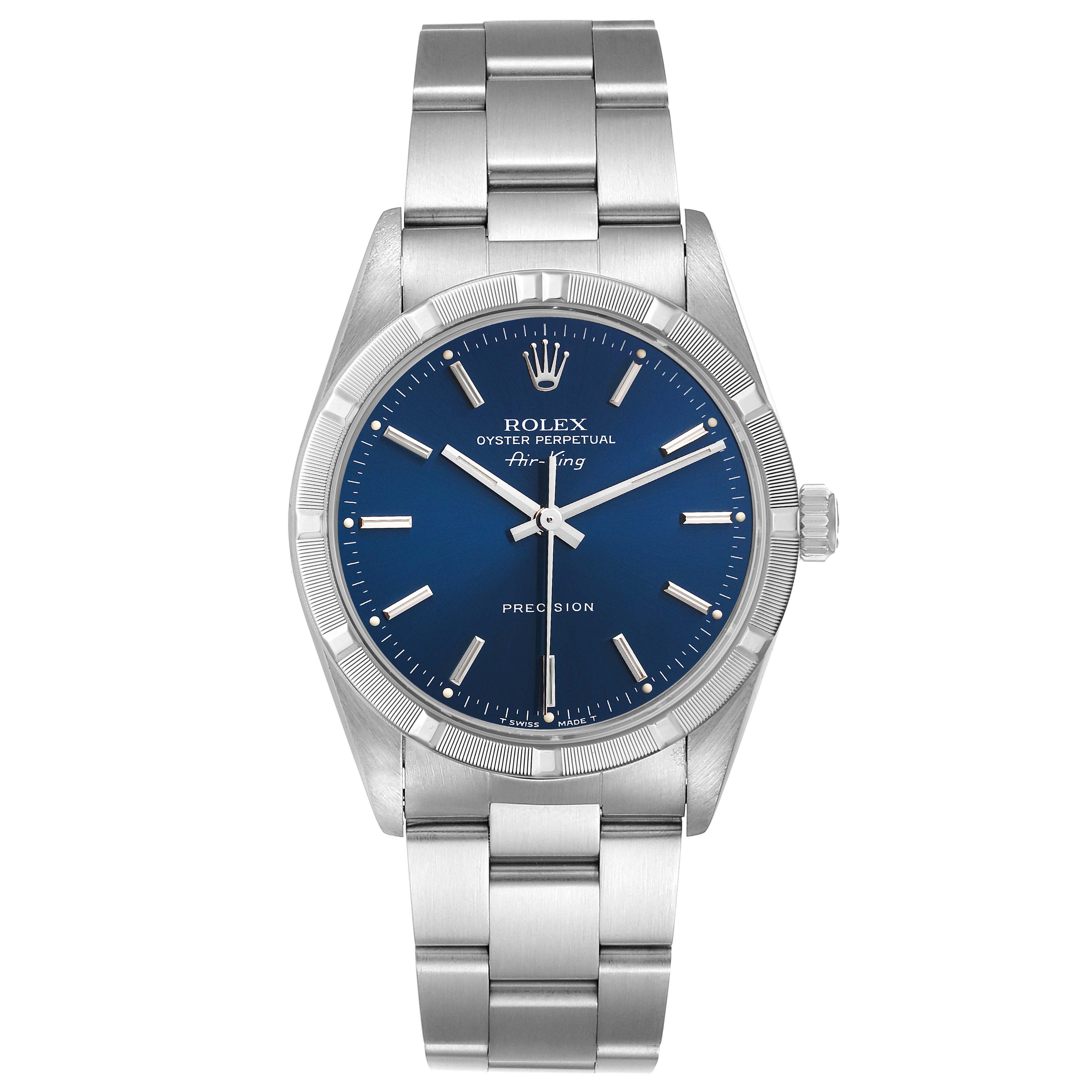 This is a front view of a Rolex Air-King 14010 Men's Stainless Steel Blue Dial 14010 Men's Stainless Steel Blue Dial watch, showing the dial, bezel, crown, and bracelet.