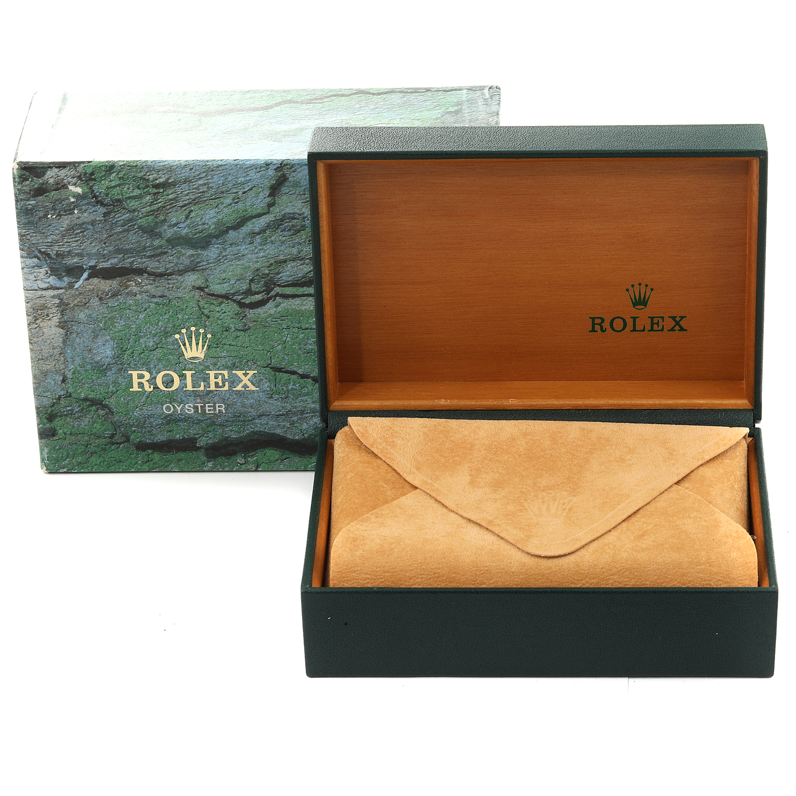 The image shows a Rolex Air-King 14010 Men's Stainless Steel Blue Dial 14010 Men's Stainless Steel Blue Dial watch box and case, with an open wooden interior and a protective suede envelope.