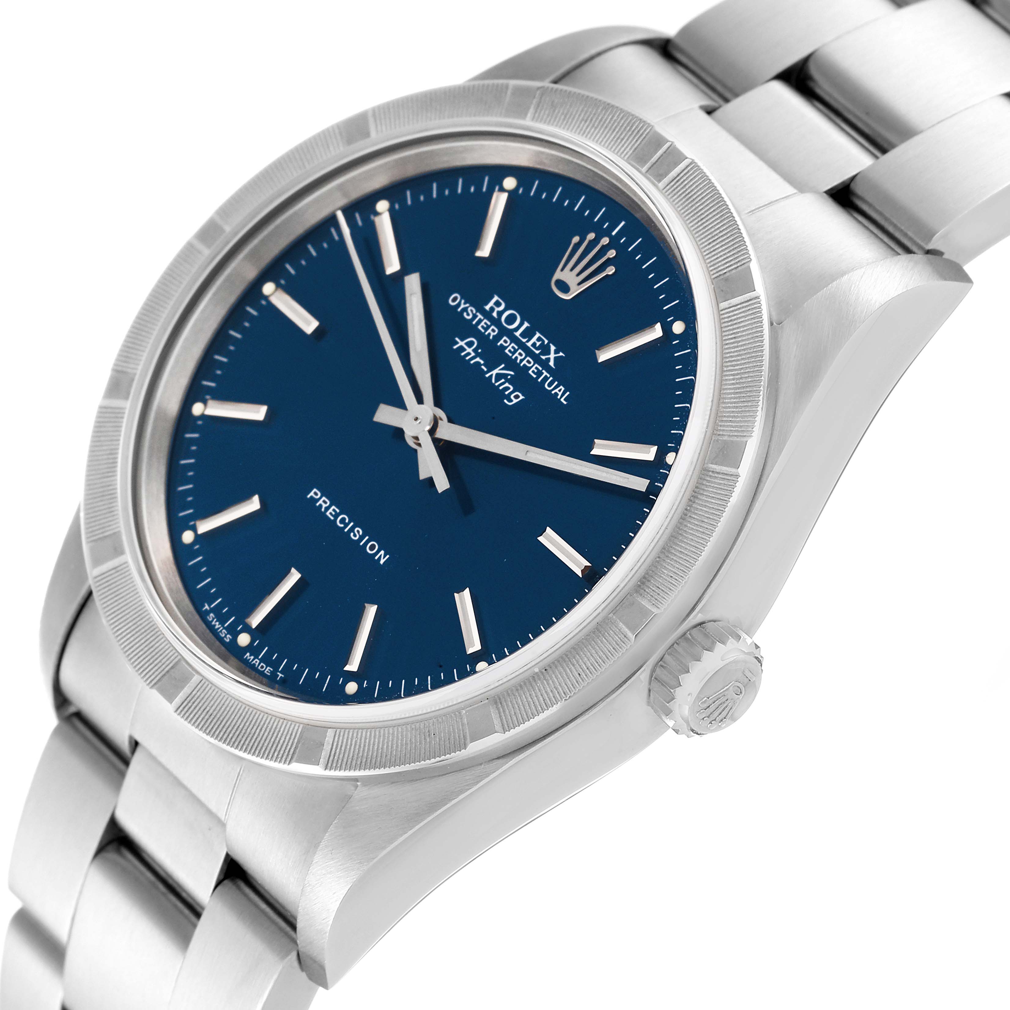 The Rolex Air-King 14010 Men's Stainless Steel Blue Dial 14010 Men's Stainless Steel Blue Dial watch is shown from an oblique angle, highlighting the blue dial, crown, bezel, and part of the bracelet.