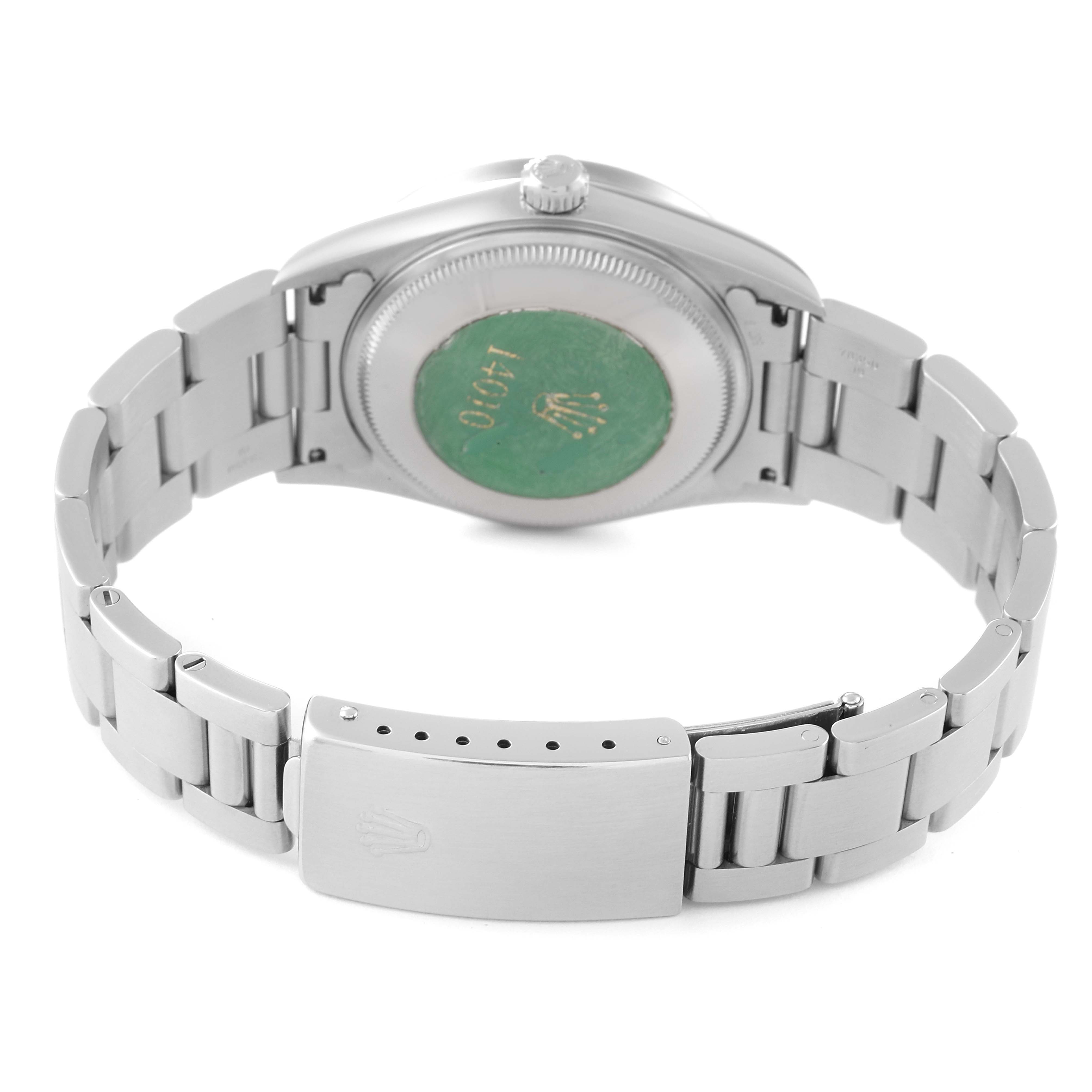 The image shows the back and bracelet of the Rolex Air-King 14010 Men's Stainless Steel Blue Dial 14010 Men's Stainless Steel Blue Dial watch from a rear angle.