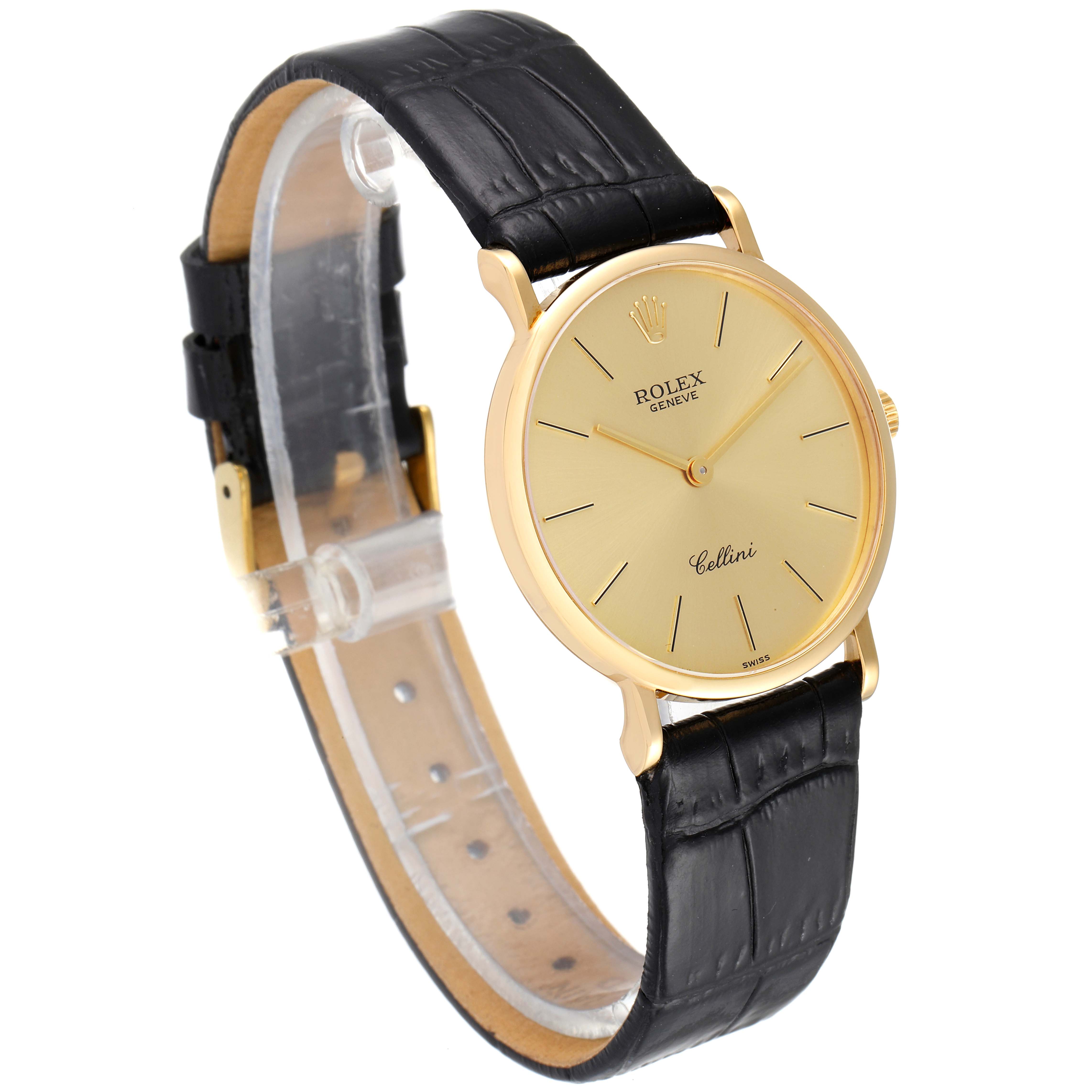 The image shows a Rolex Cellini 5112 Men's Yellow Gold Champagne Dial 5112 Men's Yellow Gold Champagne Dial watch angled from the front-left, highlighting its gold case, gold dial, and black leather strap.