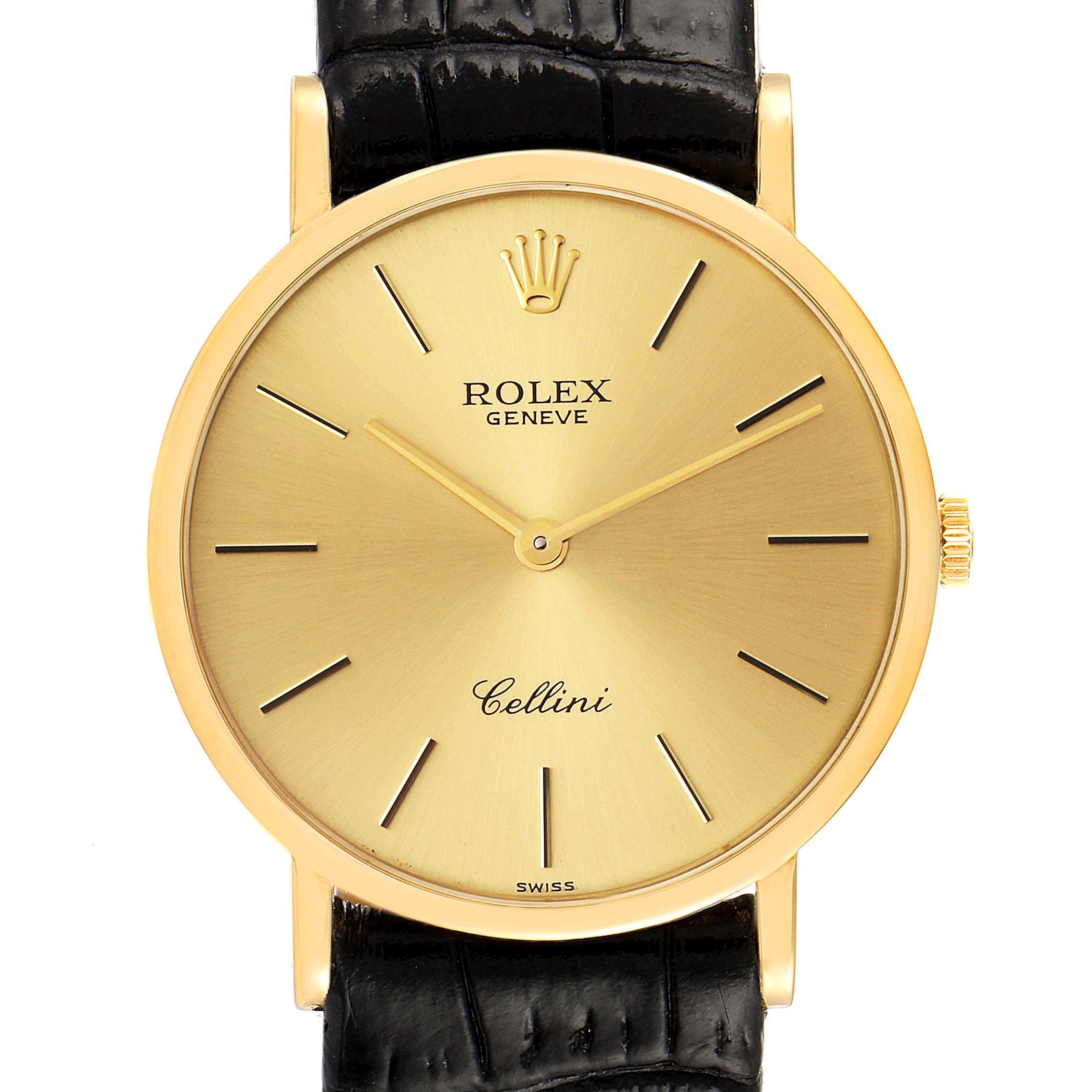 This image shows a front view of a Rolex Cellini 5112 Men's Yellow Gold Champagne Dial 5112 Men's Yellow Gold Champagne Dial watch, featuring its gold dial, gold hands, and black leather strap.
