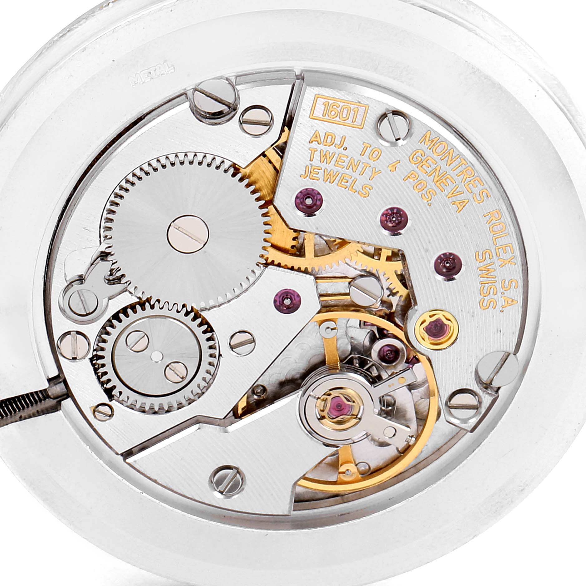 This is a close-up view of the Rolex Cellini 5112 Men's Yellow Gold Champagne Dial 5112 Men's Yellow Gold Champagne Dial watch's intricate internal movement, highlighting gears and jewels.