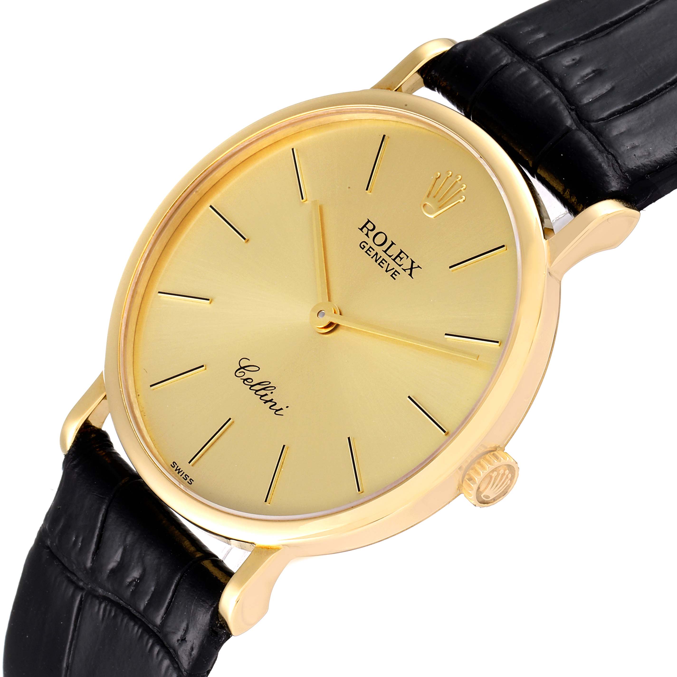 The Rolex Cellini 5112 Men's Yellow Gold Champagne Dial 5112 Men's Yellow Gold Champagne Dial watch is shown at a slight angle, showcasing the face, crown, and black leather strap.