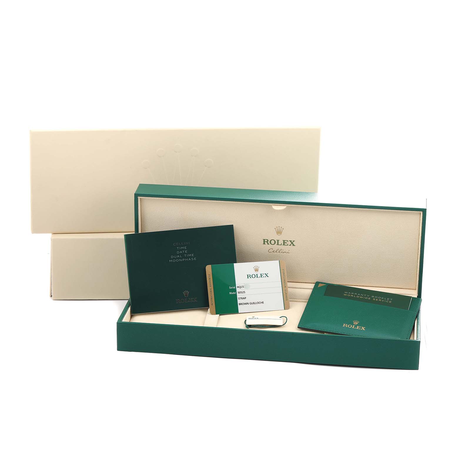 The image shows the packaging and documentation for a Rolex Cellini 50525 Men
s Rose Gold Brown Dial, including the box, manuals, and warranty card.