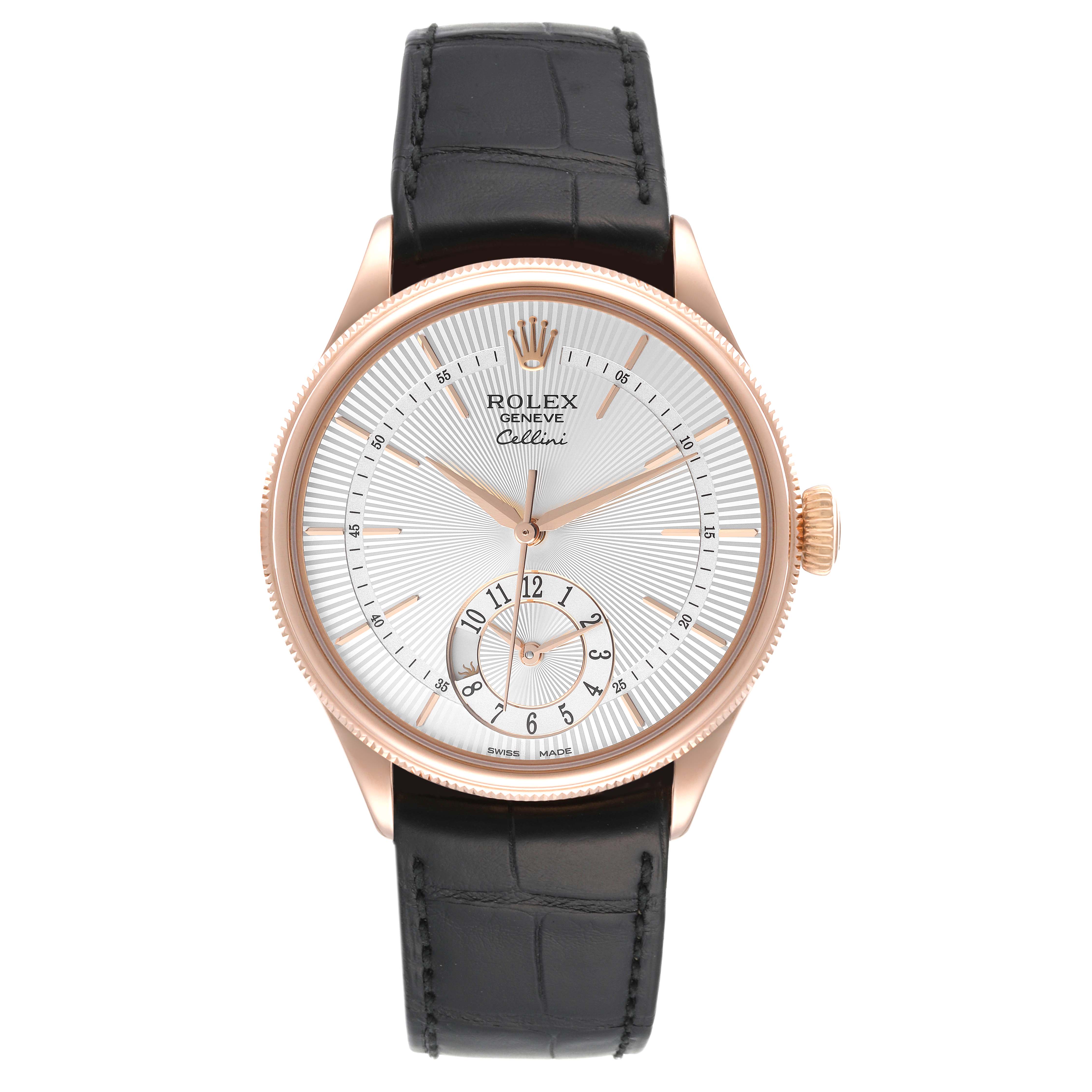 The Rolex Cellini 50525 Men
s Rose Gold Silver Dial 50525 Men
s Rose Gold Silver Dial watch is displayed from a front angle, showcasing its dial, case, crown, and leather strap.