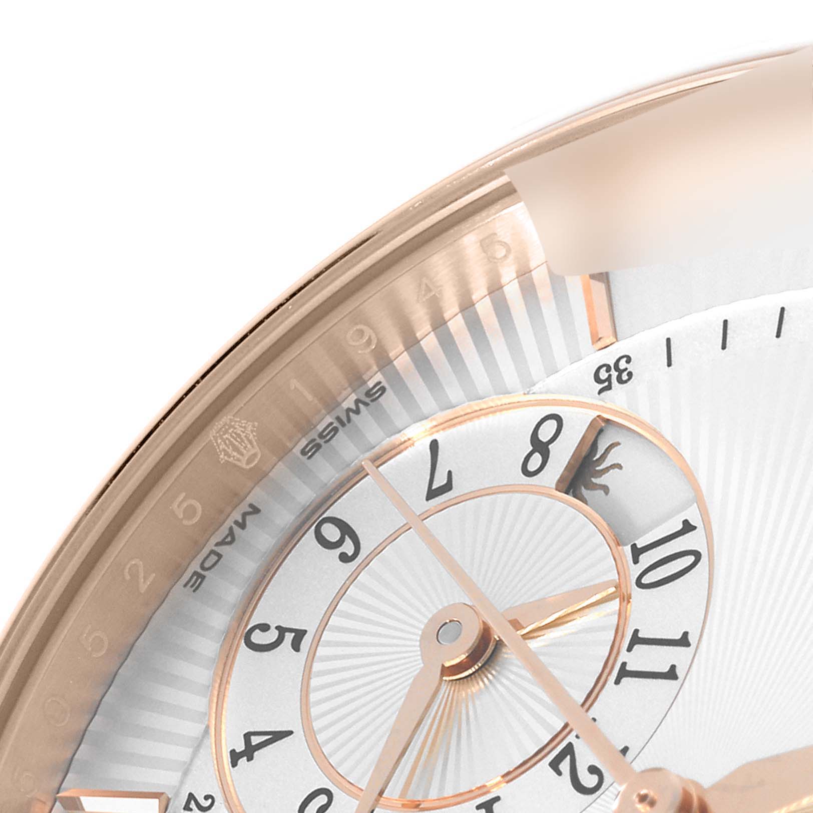 The image shows a close-up of the dial, hands, and part of the bezel of a Rolex Cellini 50525 Men
s Rose Gold Silver Dial 50525 Men
s Rose Gold Silver Dial watch.
