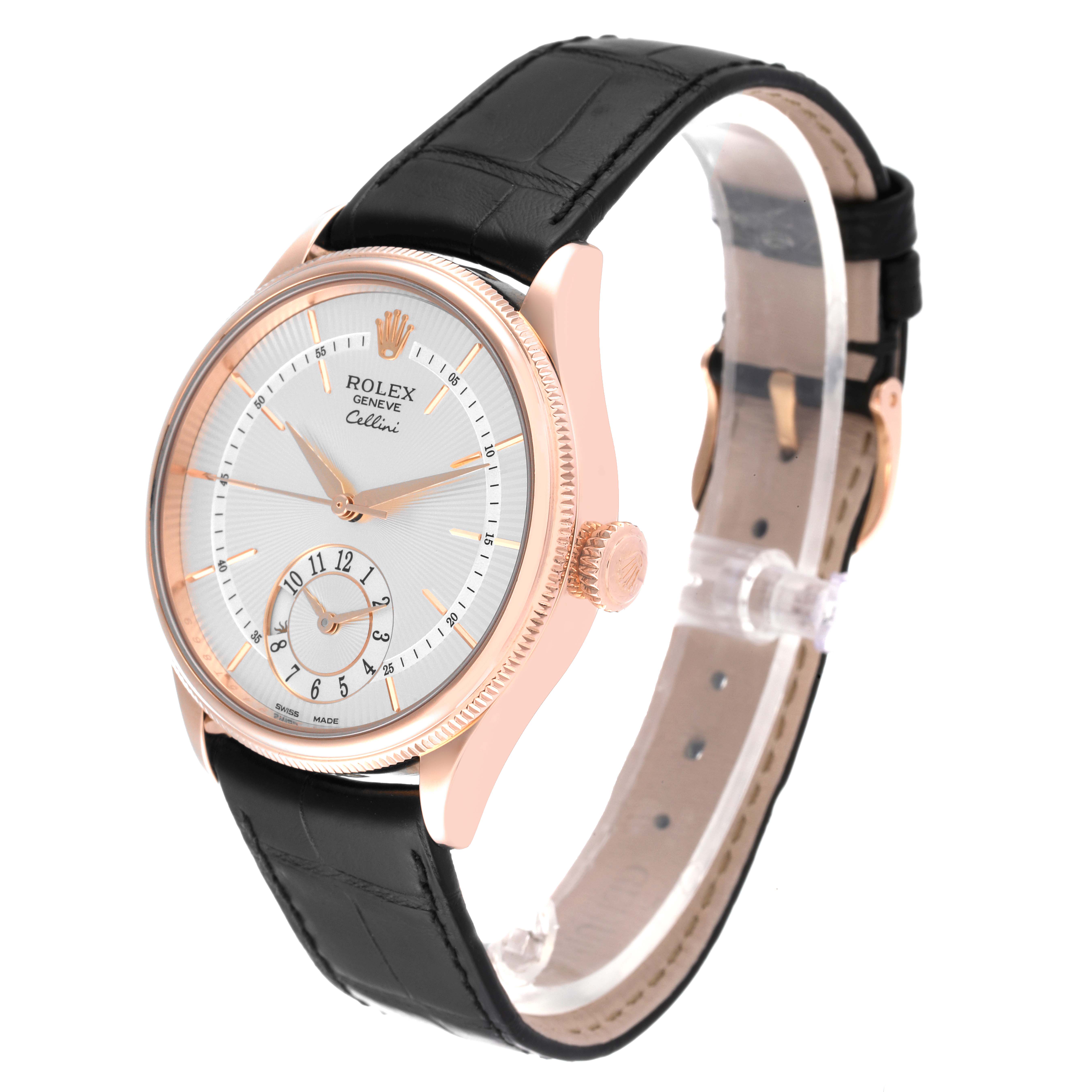The image shows a Rolex Cellini 50525 Men
s Rose Gold Silver Dial 50525 Men
s Rose Gold Silver Dial watch at a three-quarter angle, highlighting the face, crown, case, and leather strap.