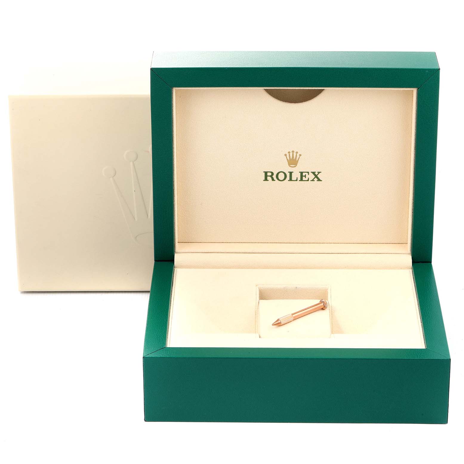 This image shows an open Rolex Cellini 50535 Men's Rose Gold White Dial 50535 Men's Rose Gold White Dial watch box at a slight angle, with an enclosed accessory pin inside.