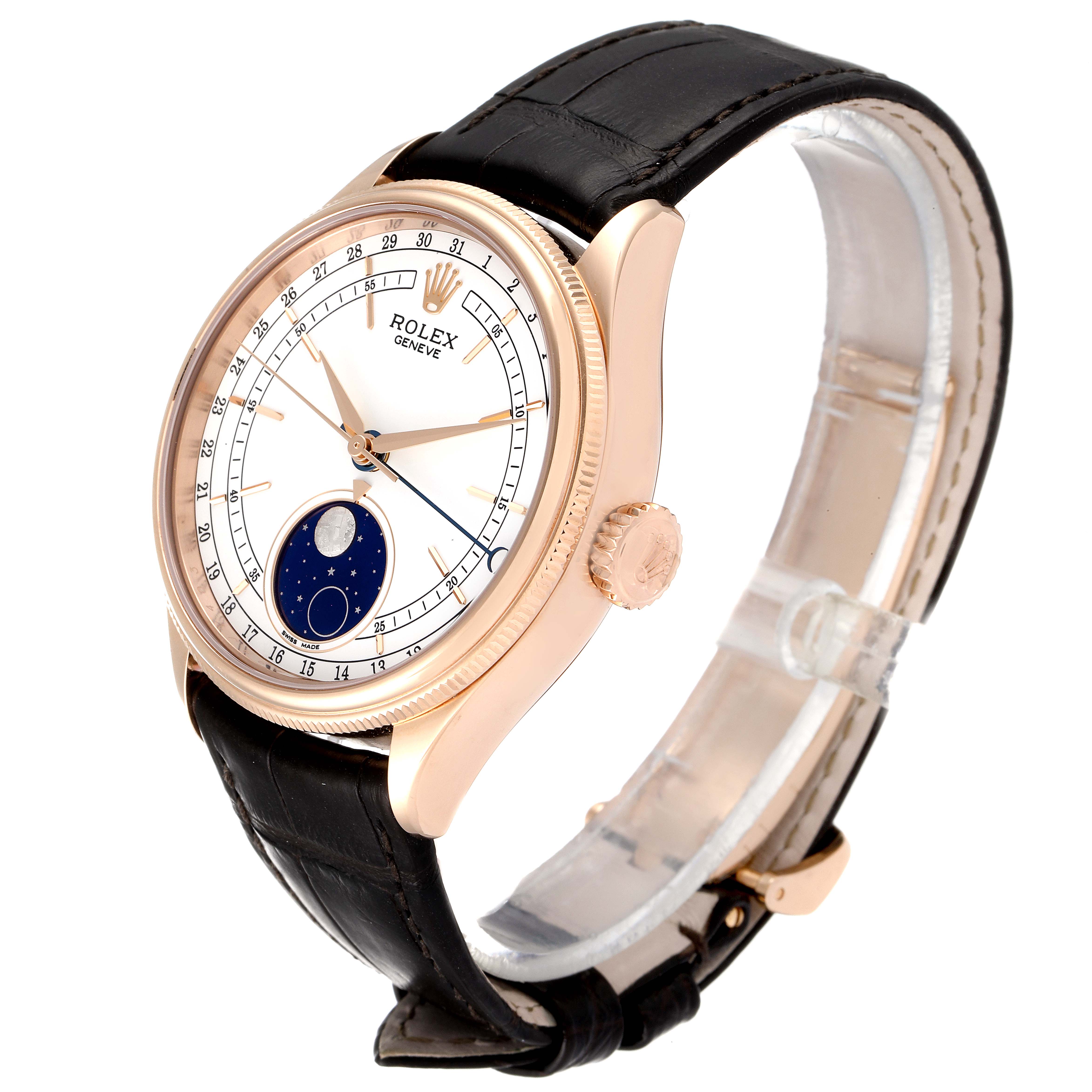 The Rolex Cellini 50535 Men's Rose Gold White Dial 50535 Men's Rose Gold White Dial watch is shown at a three-quarter angle, highlighting its face, crown, and black leather strap.