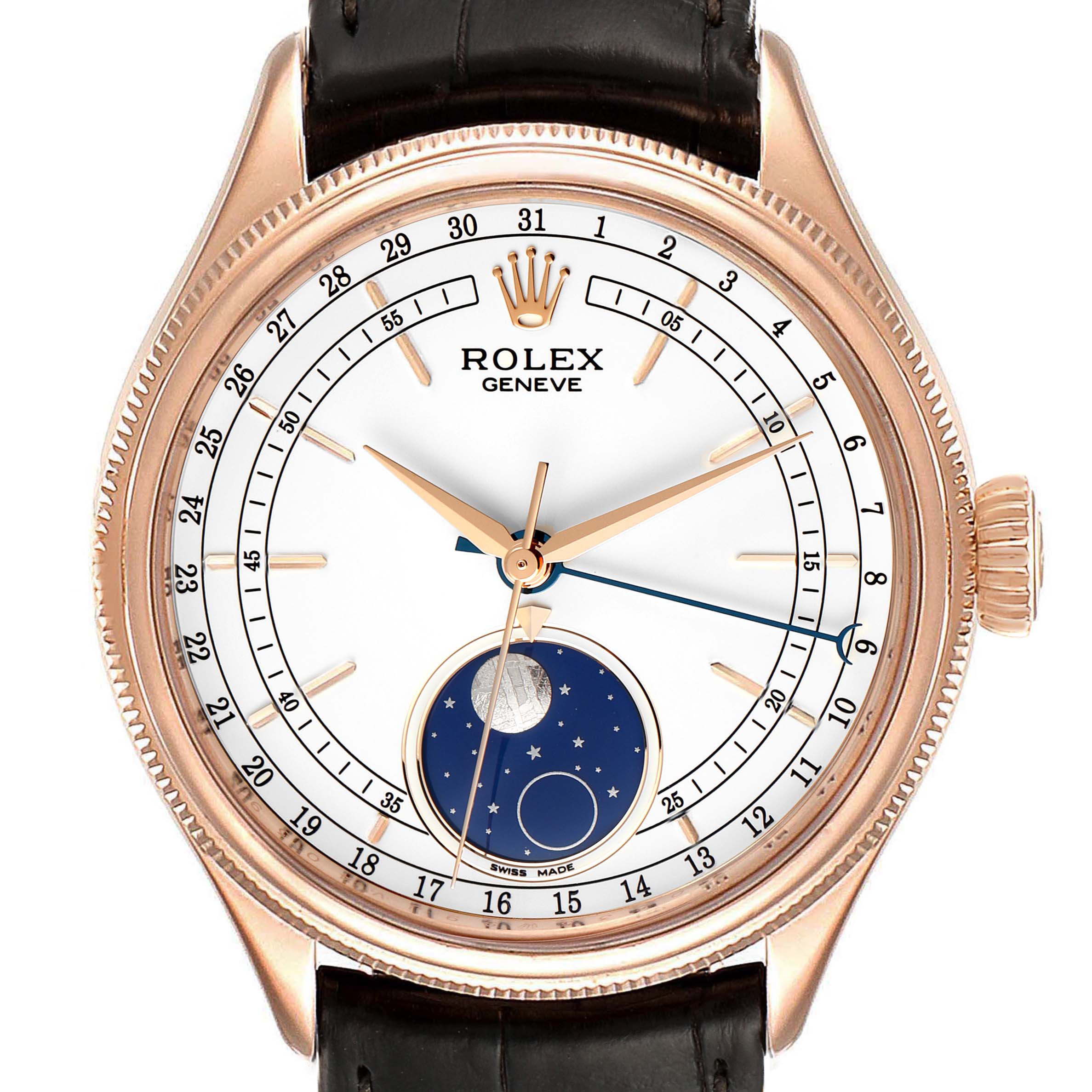 The image shows the face of a Rolex Cellini 50535 Men's Rose Gold White Dial 50535 Men's Rose Gold White Dial watch, highlighting its dial, hour markers, hands, moon phase indicator, and crown.