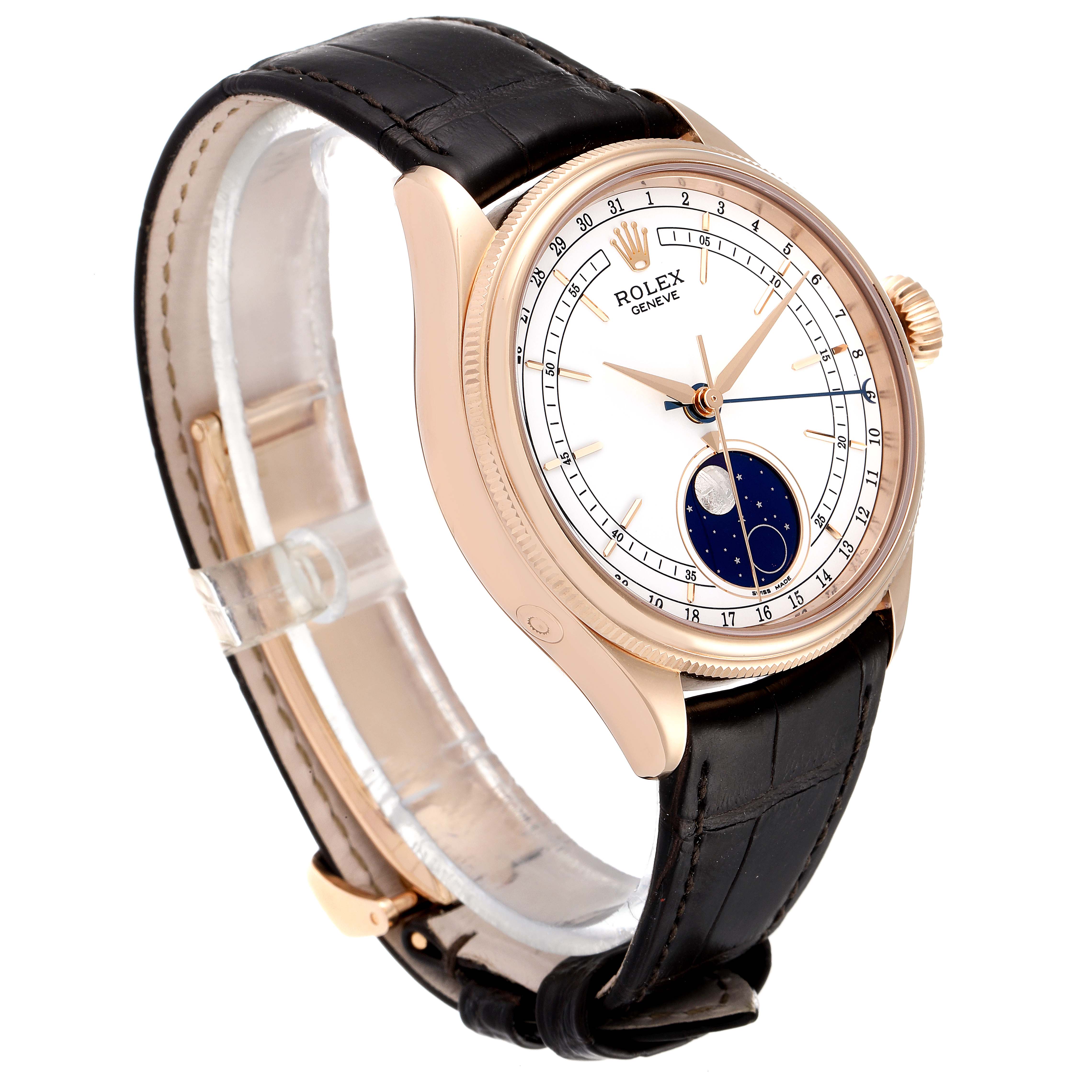The image shows the Rolex Cellini 50535 Men's Rose Gold White Dial 50535 Men's Rose Gold White Dial watch at an angle highlighting its dial, case, crown, and leather strap.