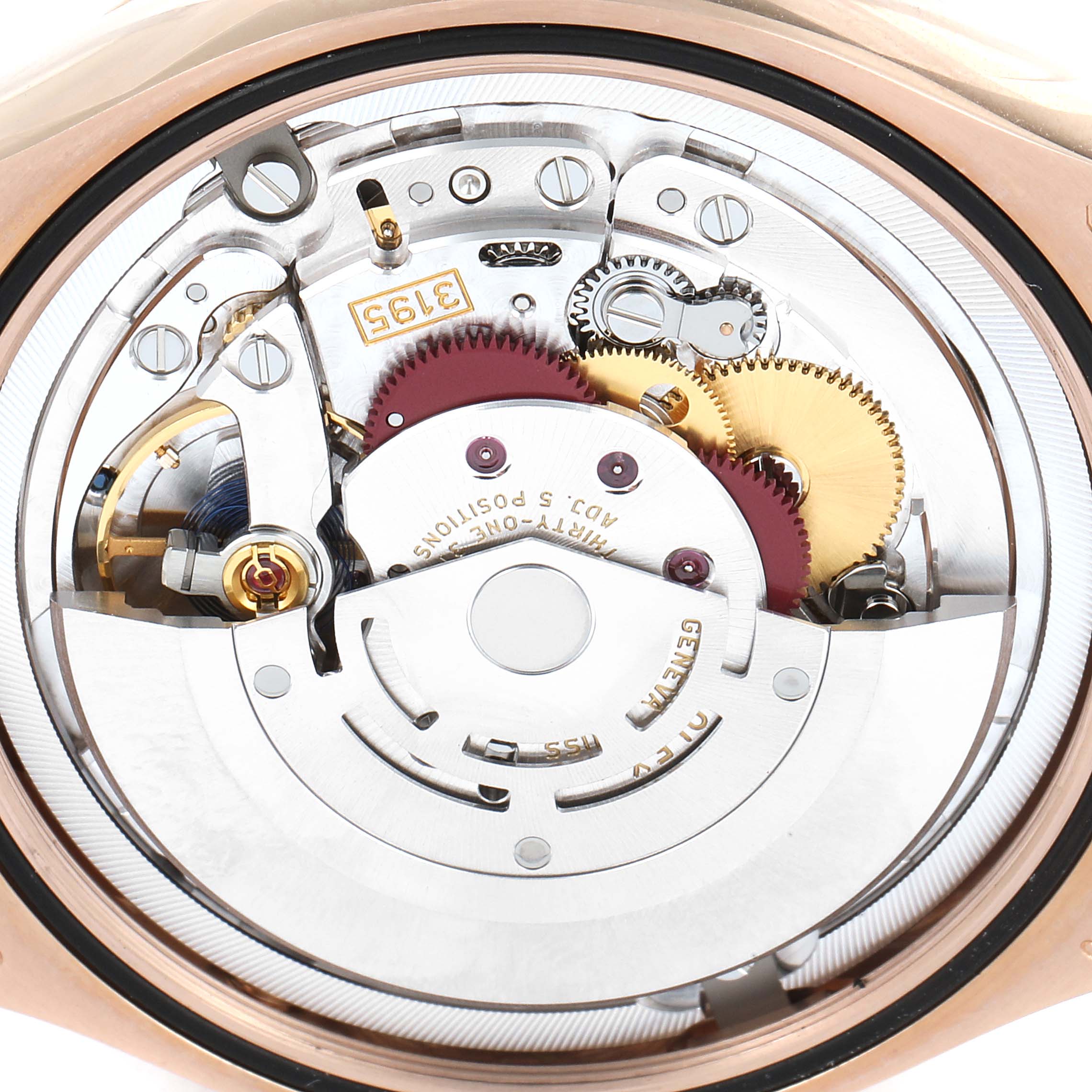 The image shows a close-up of the Rolex Cellini 50535 Men's Rose Gold White Dial 50535 Men's Rose Gold White Dial's movement and internal mechanical parts from the back angle.