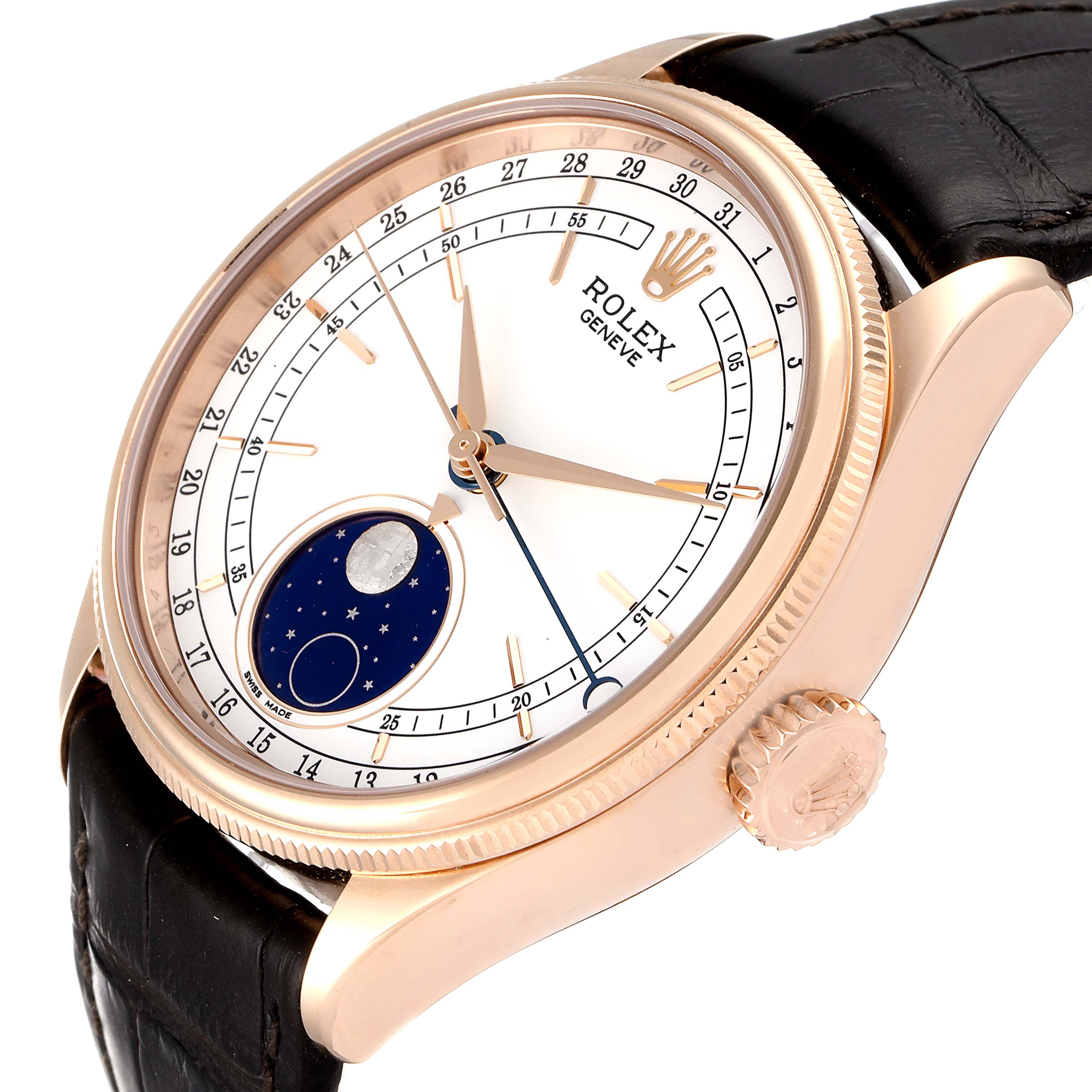 This Rolex Cellini 50535 Men's Rose Gold White Dial 50535 Men's Rose Gold White Dial watch is shown at an angled view, highlighting the dial, bezel, crown, and leather strap.