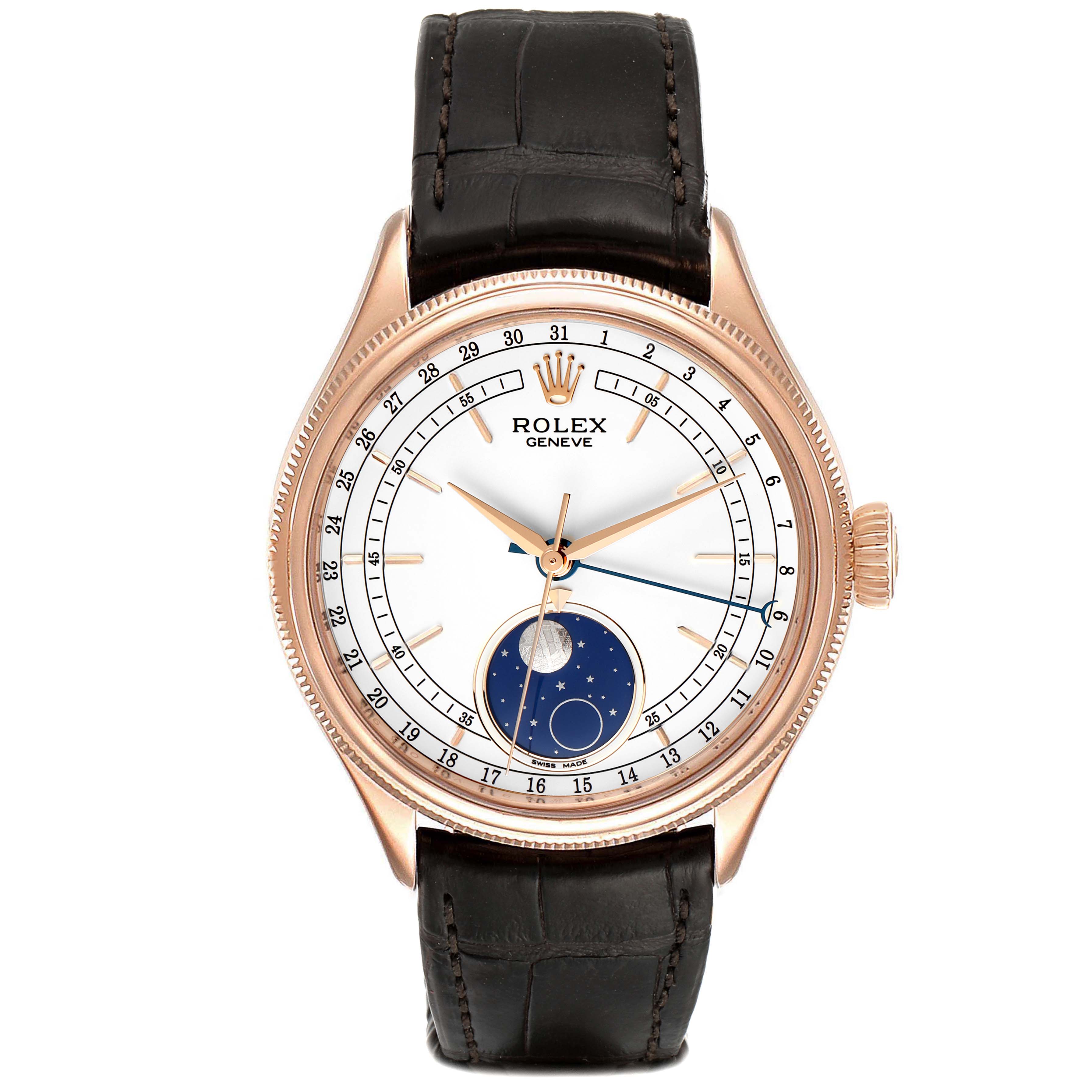 This image shows a front view of a Rolex Cellini 50535 Men's Rose Gold White Dial 50535 Men's Rose Gold White Dial watch, displaying its face, hands, crown, and leather strap.