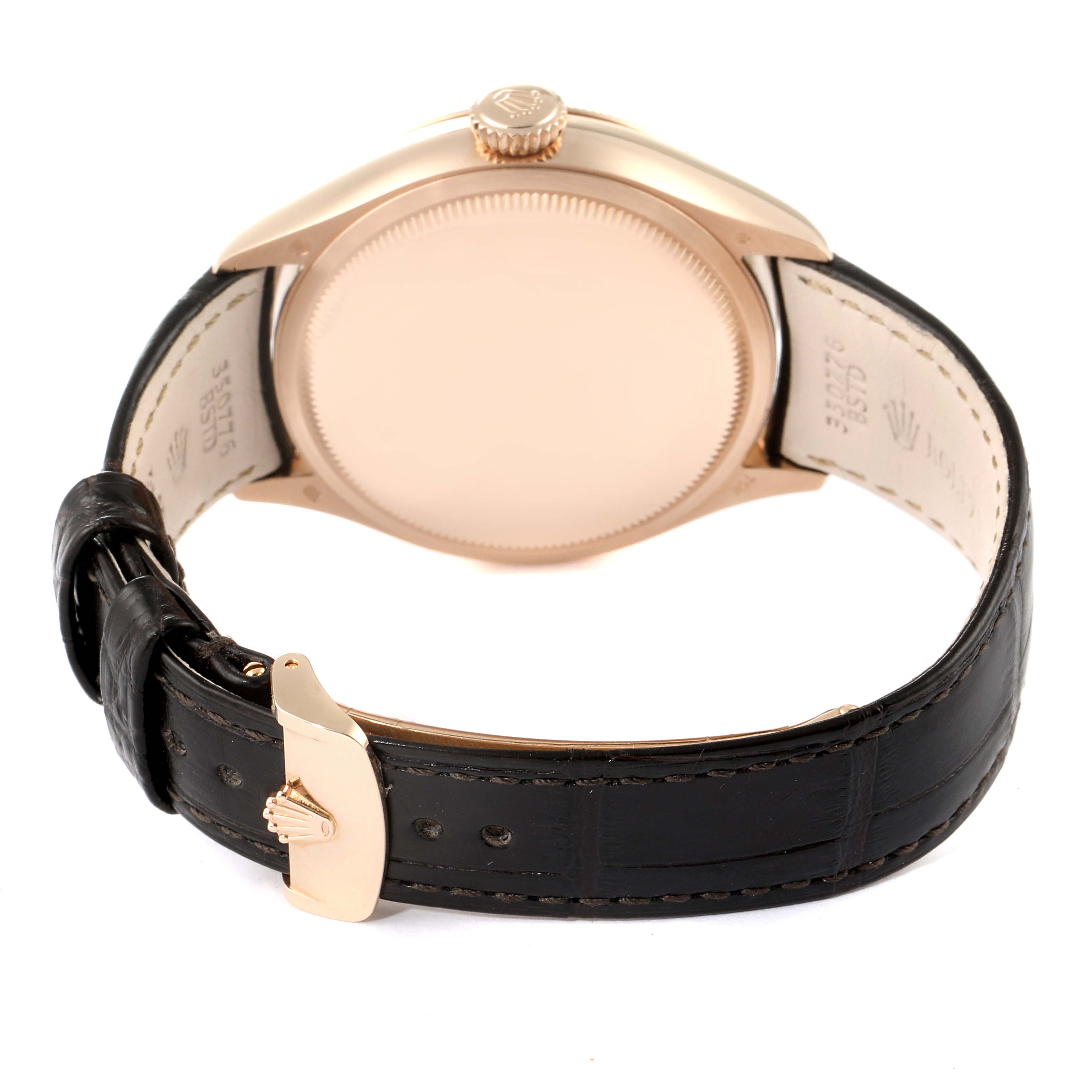 The image shows the back case and strap of a Rolex Cellini 50535 Men's Rose Gold White Dial 50535 Men's Rose Gold White Dial watch, viewed from behind.