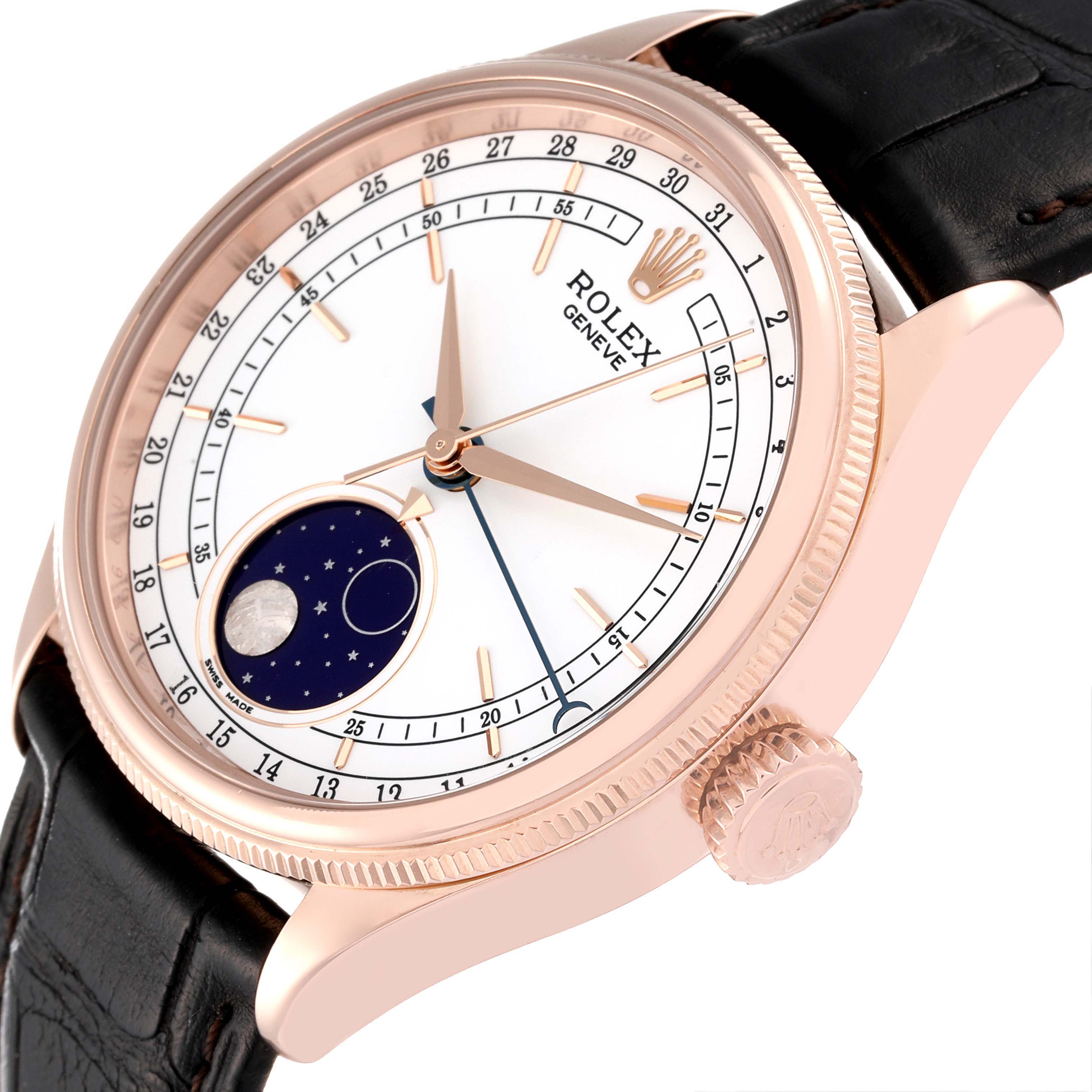The Rolex Cellini 50535 Men's Rose Gold White Dial 50535 Men's Rose Gold White Dial watch is shown at an angle highlighting the face, crown, and black leather strap.