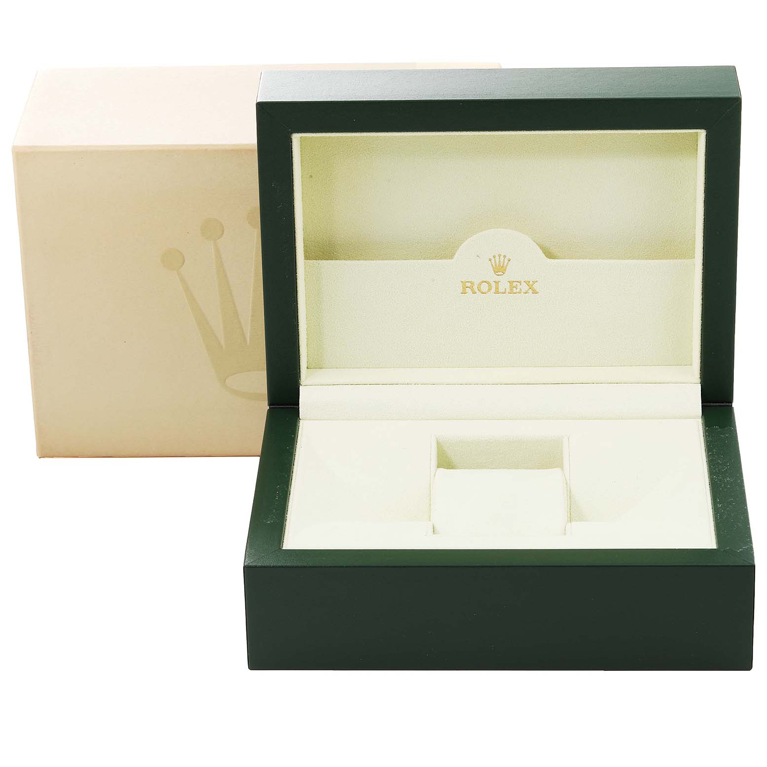 The image shows an open Rolex Cellini 50535 Men's Rose Gold White Dial 50535 Men's Rose Gold White Dial watch box with the inner padding exposed.