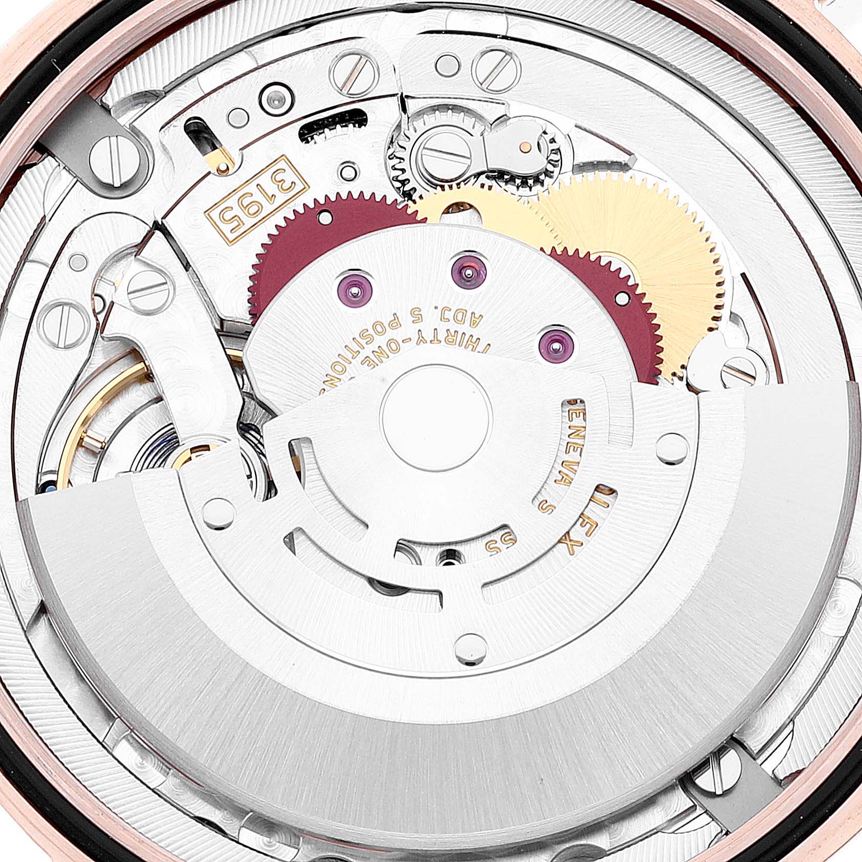 The image shows the internal mechanism and gears of a Rolex Cellini 50535 Men's Rose Gold White Dial 50535 Men's Rose Gold White Dial watch from a top-down angle.