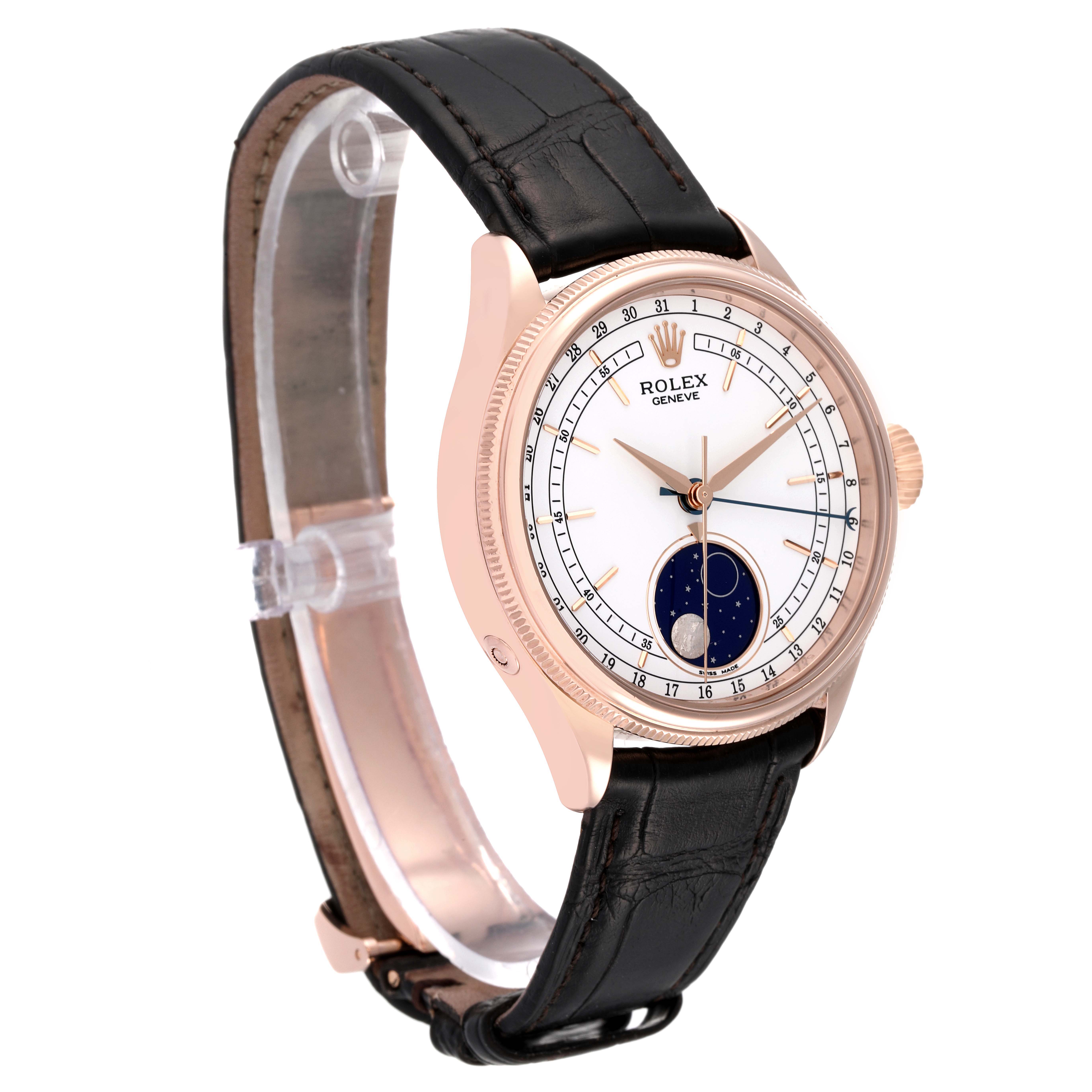 The image shows a Rolex Cellini 50535 Men's Rose Gold White Dial 50535 Men's Rose Gold White Dial watch from a three-quarter angle, displaying the face, bezel, lugs, and leather strap.