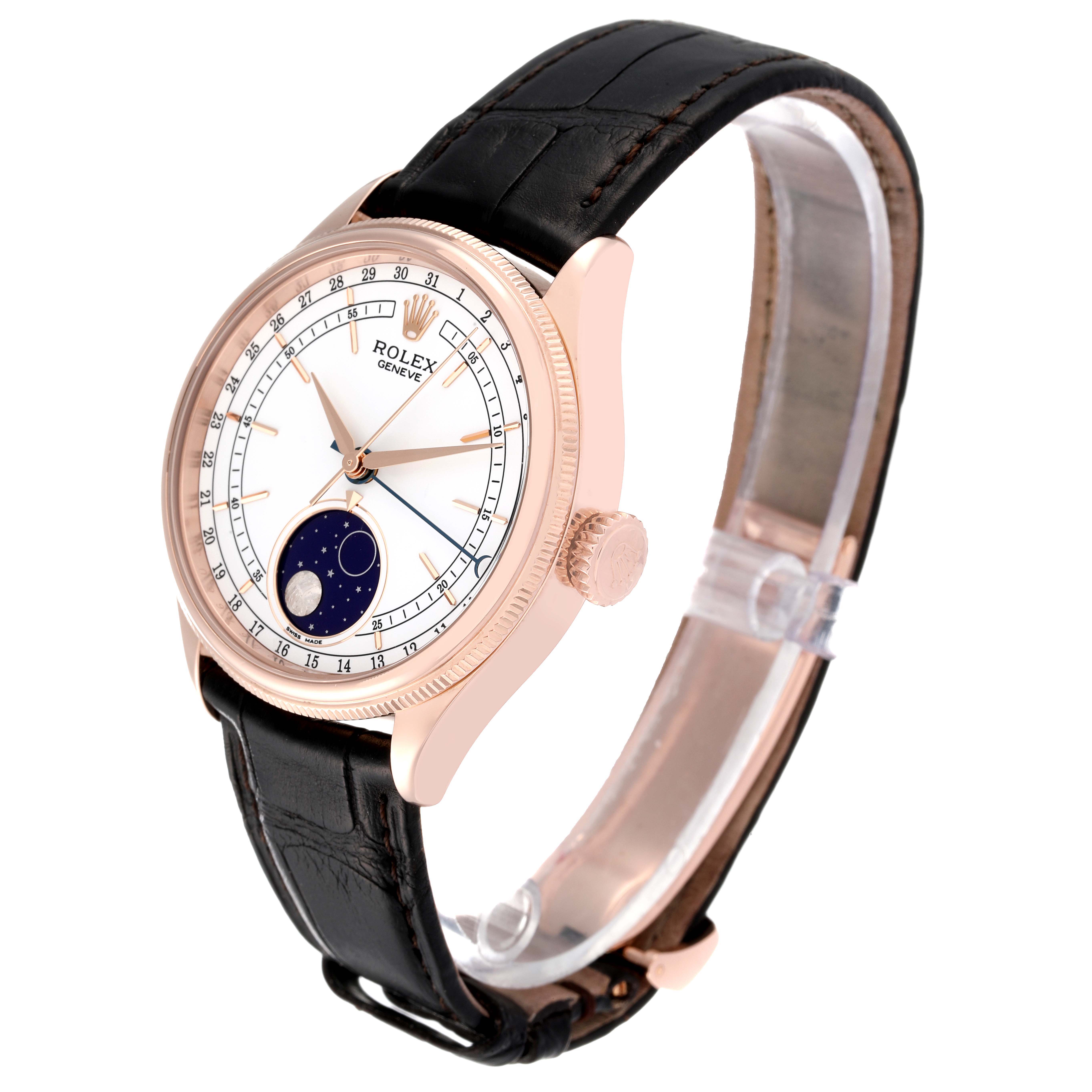 The image shows a Rolex Cellini 50535 Men's Rose Gold White Dial 50535 Men's Rose Gold White Dial watch angled to display the face, bezel, crown, and leather strap.